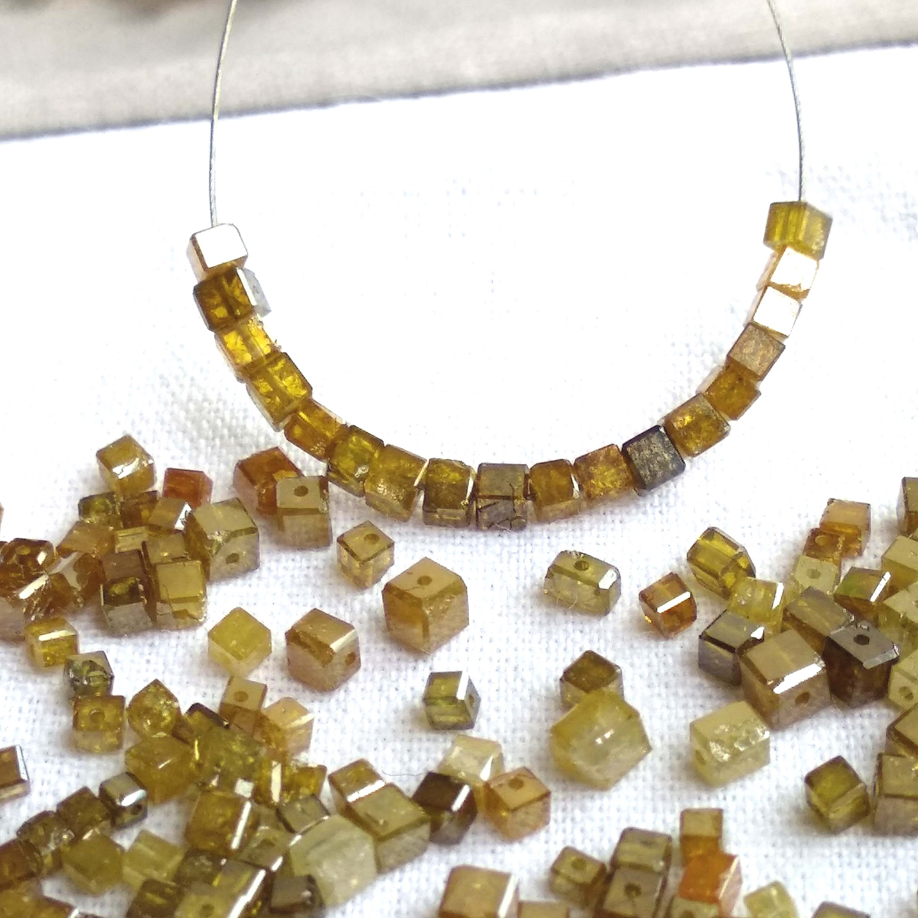 1.00 Ct Lot 1.50-2.00 MM Natural Dark Yellow Color Polished Cube Loose Diamonds Beads wt Drilled Hole