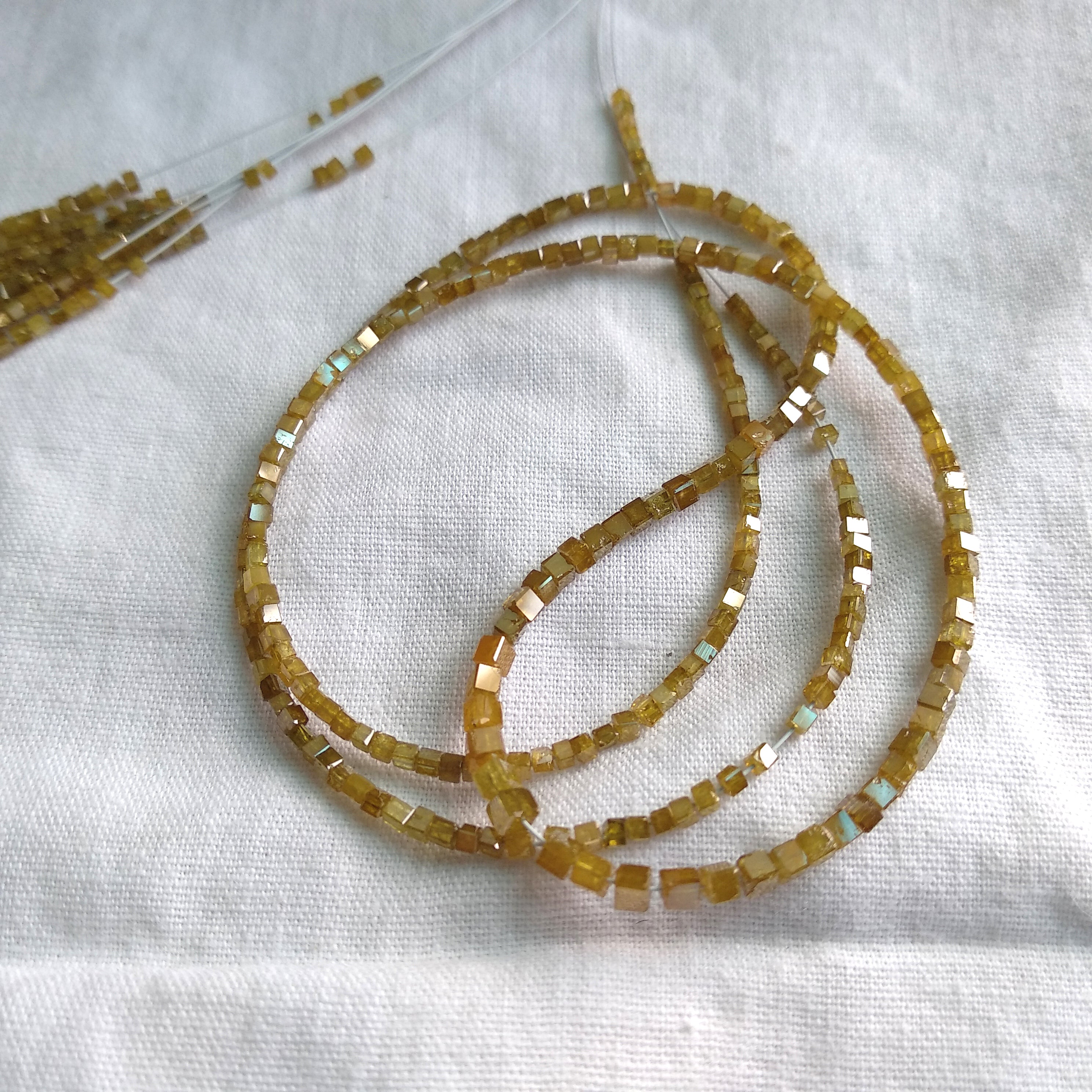 15.00 Ct Natural Yellow Color Cube Polished Loose Diamond Beads 16" Strand Necklace wt Silver Clasp