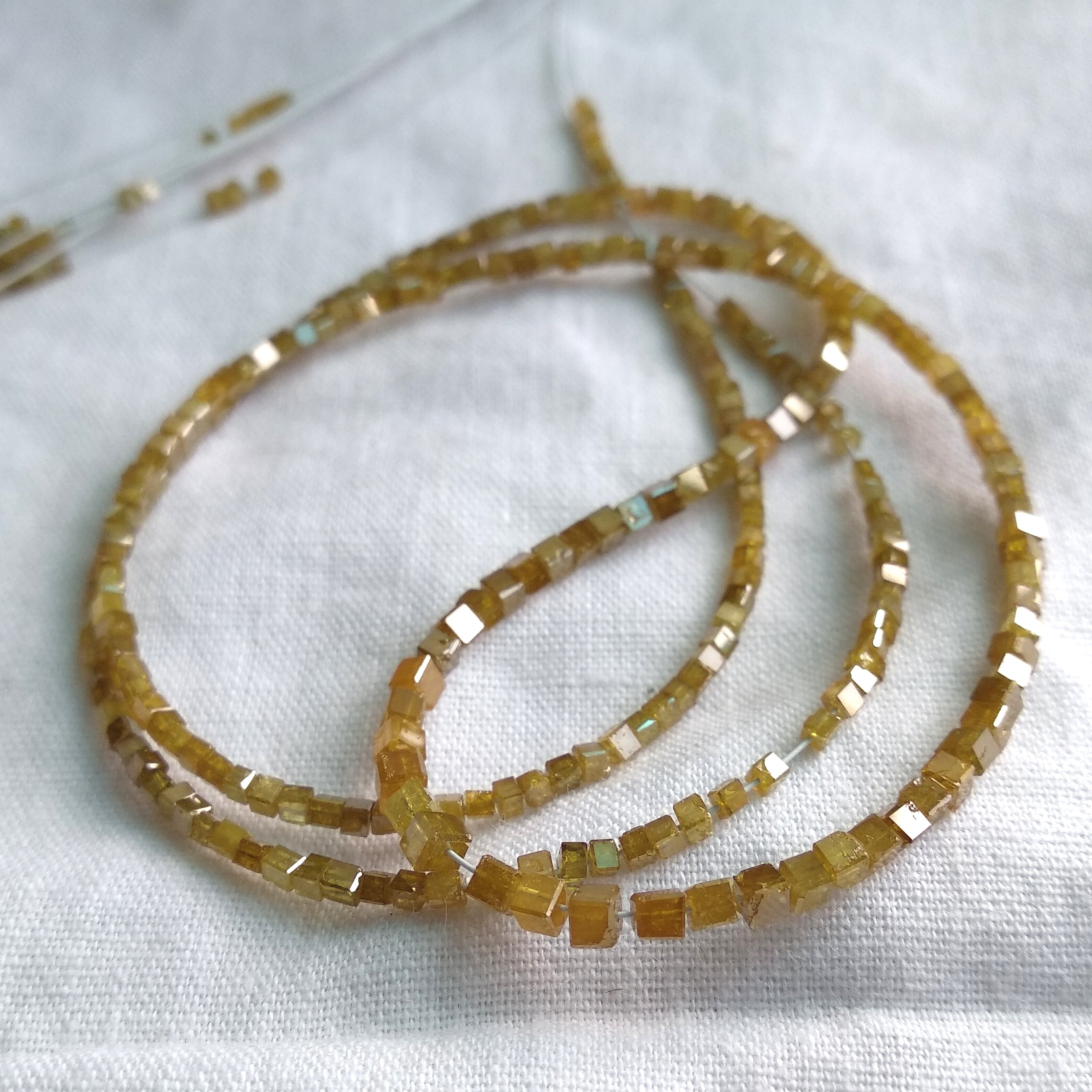 15.00 Ct Natural Yellow Color Cube Polished Loose Diamond Beads 16" Strand Necklace wt Silver Clasp