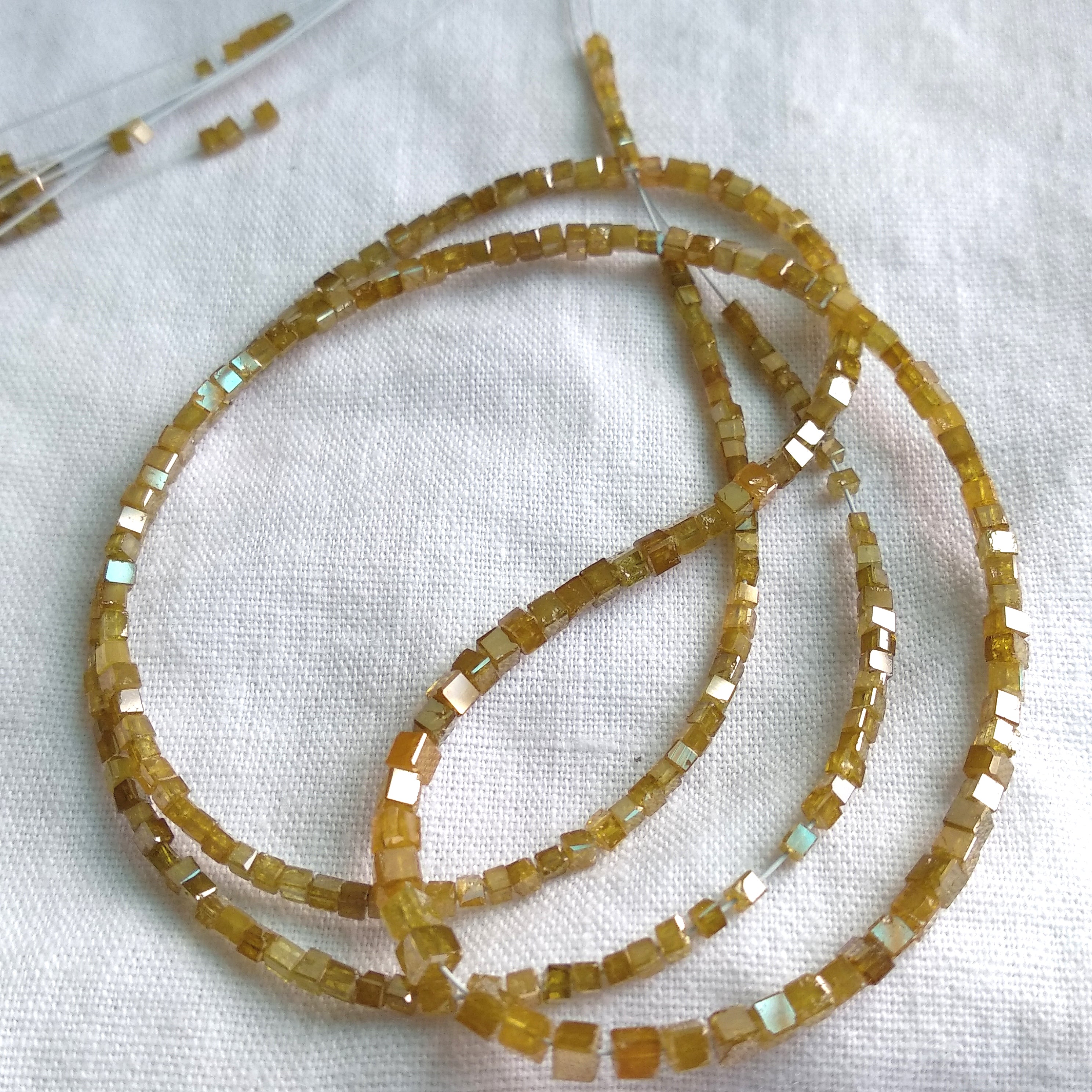 15.00 Ct Natural Yellow Color Cube Polished Loose Diamond Beads 16" Strand Necklace wt Silver Clasp