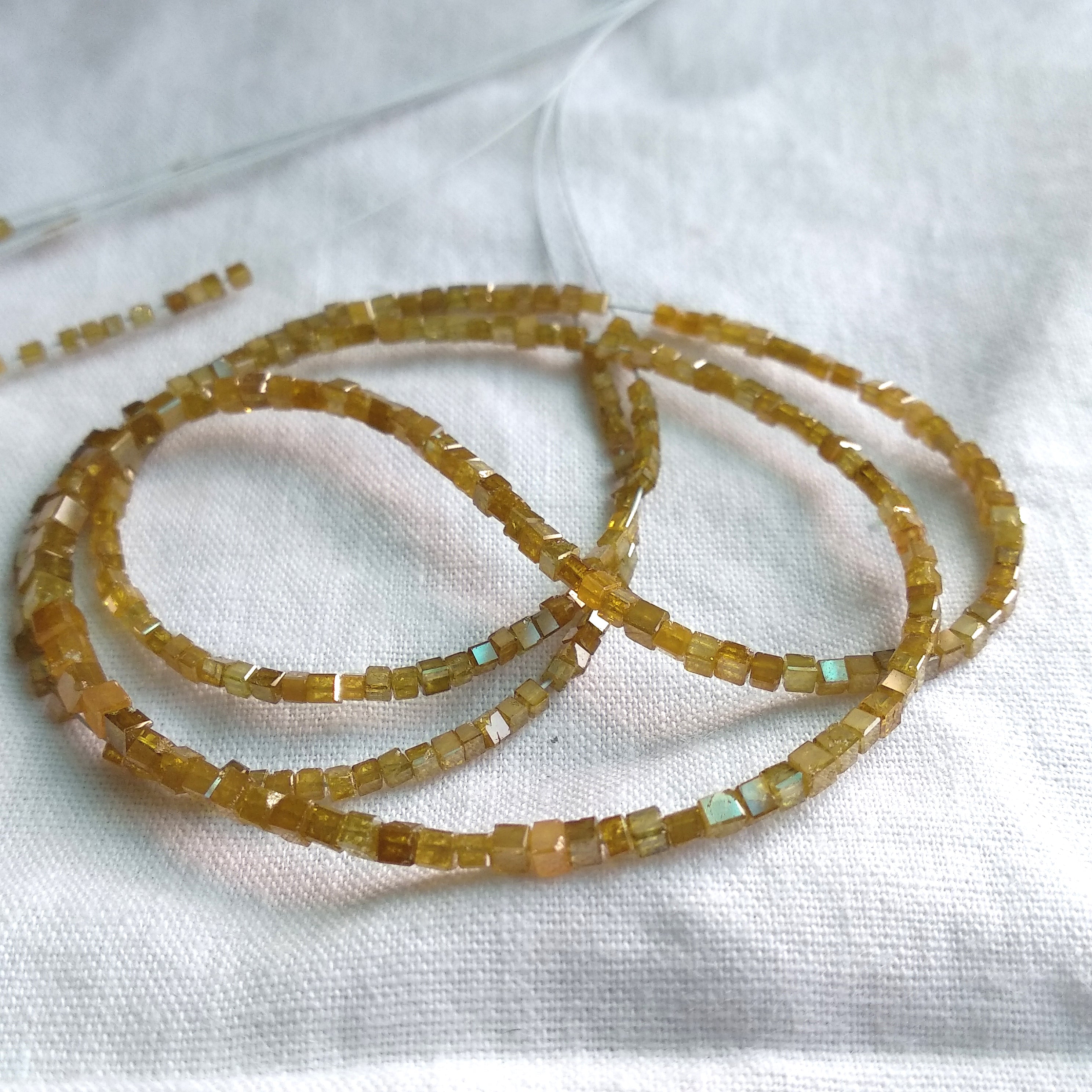 15.00 Ct Natural Yellow Color Cube Polished Loose Diamond Beads 16" Strand Necklace wt Silver Clasp