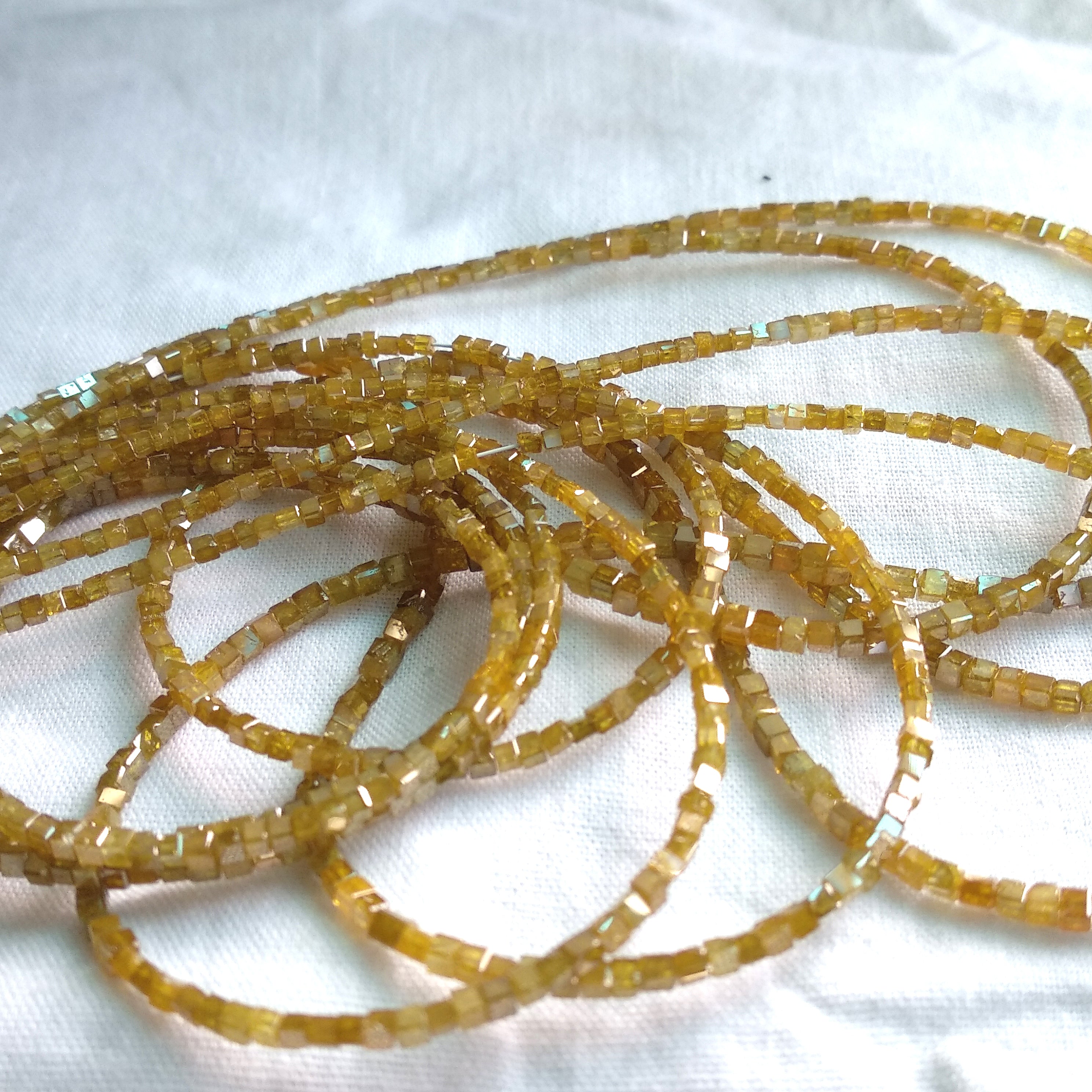 15.00 Ct Natural Yellow Color Cube Polished Loose Diamond Beads 16" Strand Necklace wt Silver Clasp