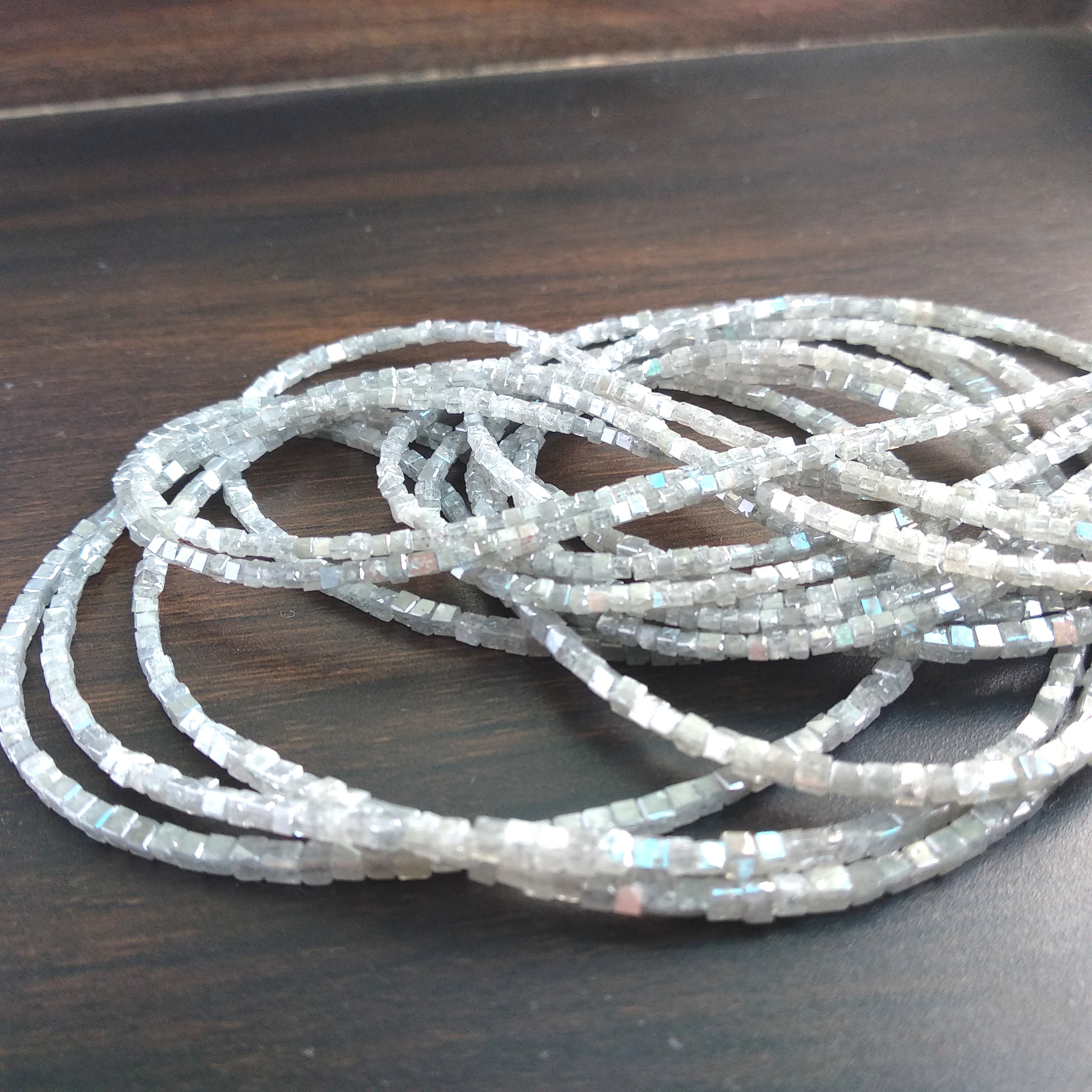 13.00 Ct Natural Gray Color Cube Loose Diamond Beads 16" Strand Necklace wt Silver Clasp