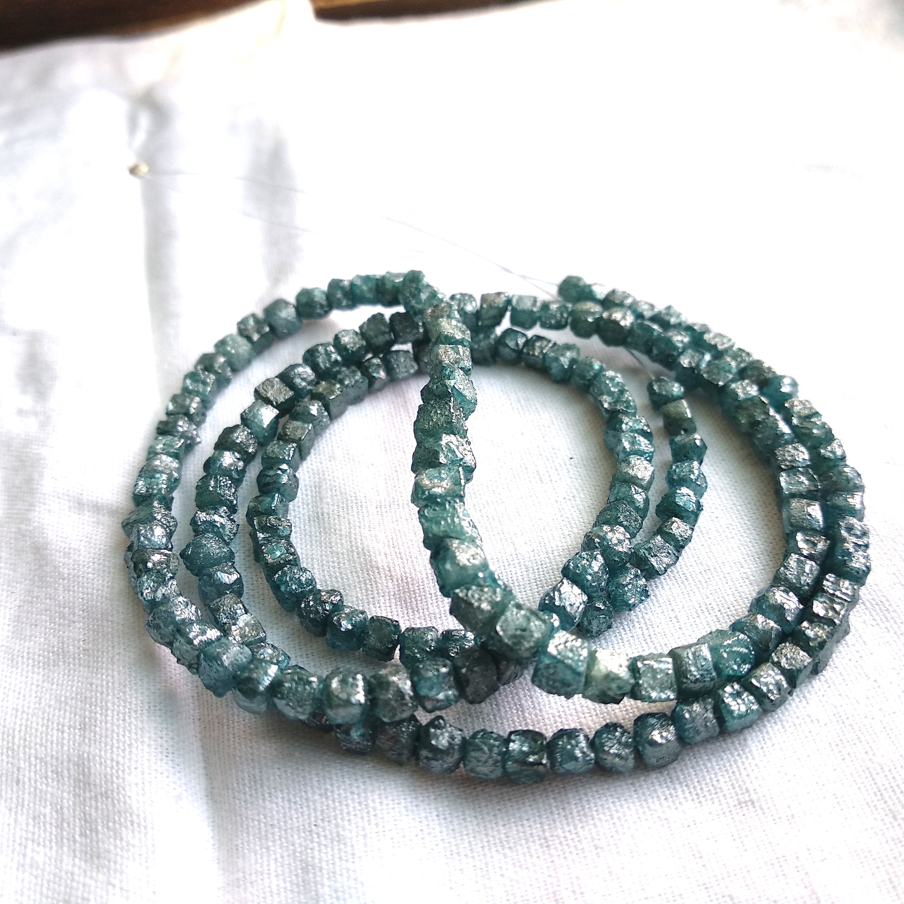 20.00 Ct Natural Blue Cube Rough Loose Diamond Beads with Drilled Hole 16" Strand Chain wt Silver Clasp