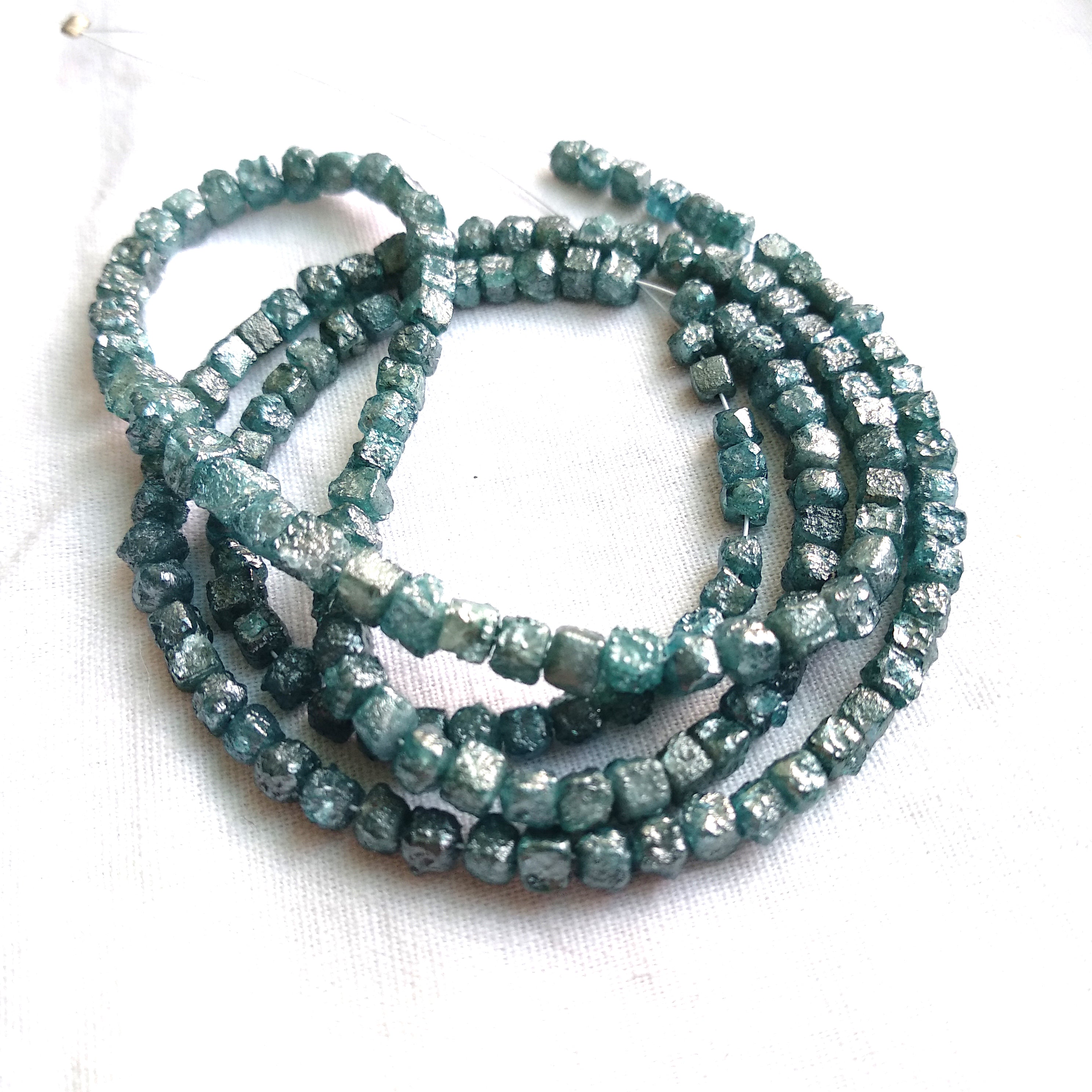 20.00 Ct Natural Blue Cube Rough Loose Diamond Beads with Drilled Hole 16" Strand Chain wt Silver Clasp