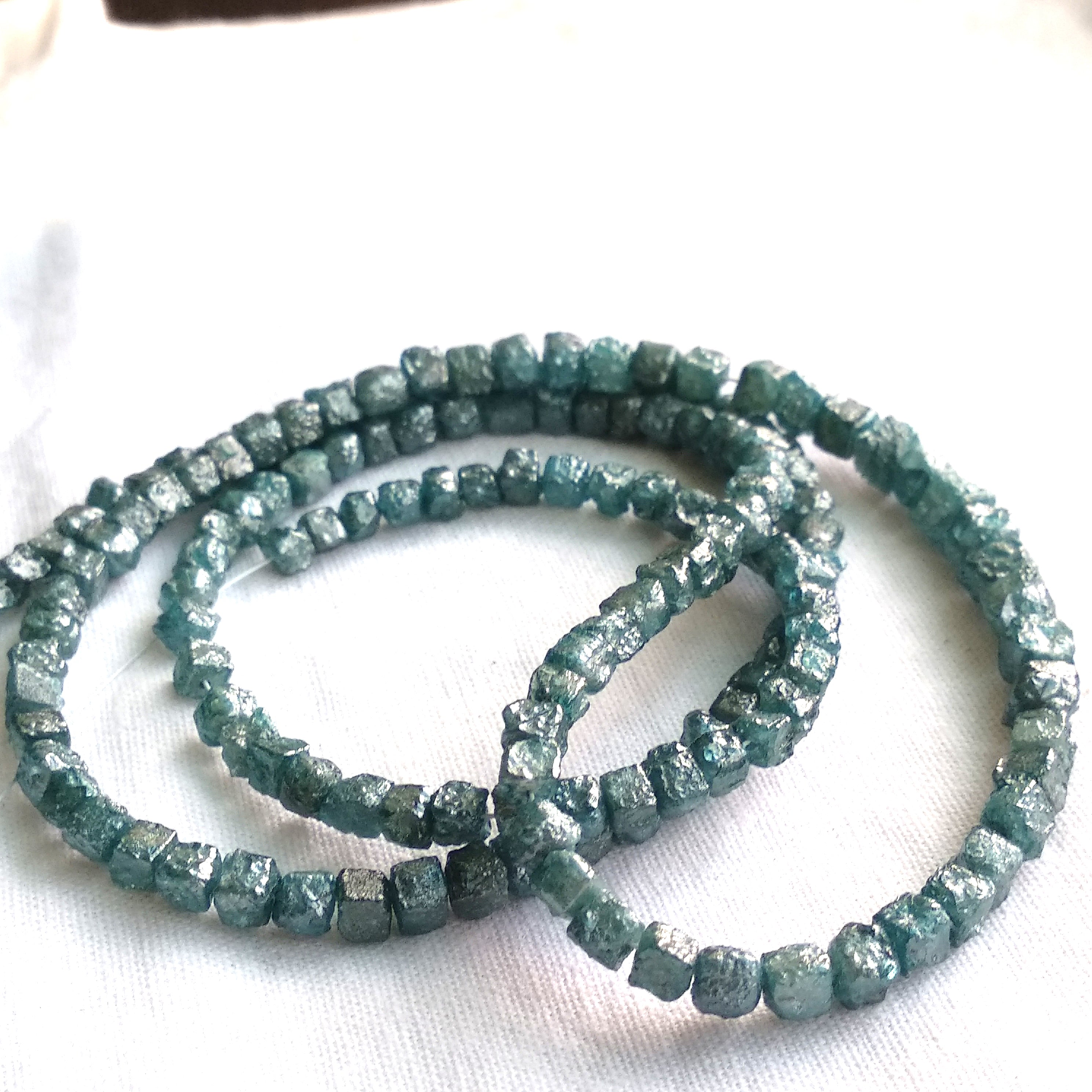 15 Carat Natural Cube Rough Diamonds Beads Strand - Blue Color Raw Diamonds Beads 16" Necklace Chain wt Silver Clasp