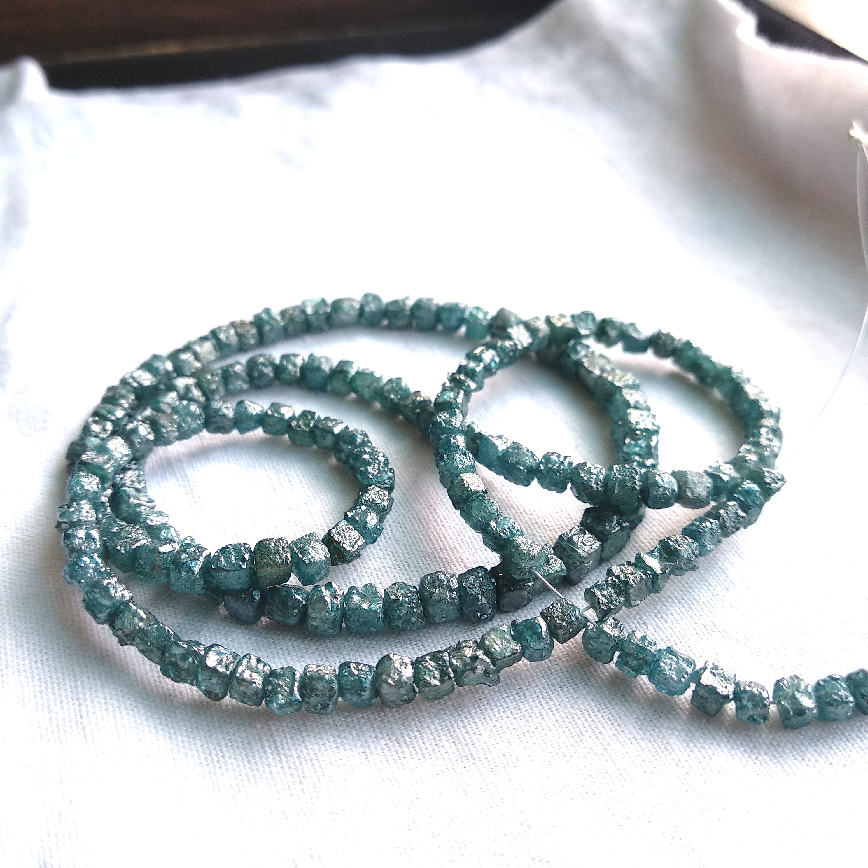 20.00 Ct Natural Blue Cube Rough Loose Diamond Beads with Drilled Hole 16" Strand Chain wt Silver Clasp