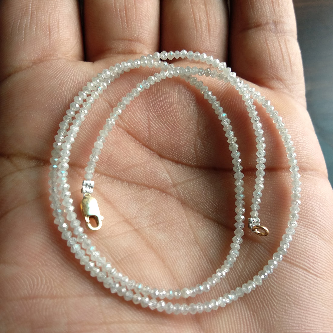 15 Carat Natural White Color Polished Round Loose Diamond Beads 16 Inch Strand Necklace wt Silver Clasp