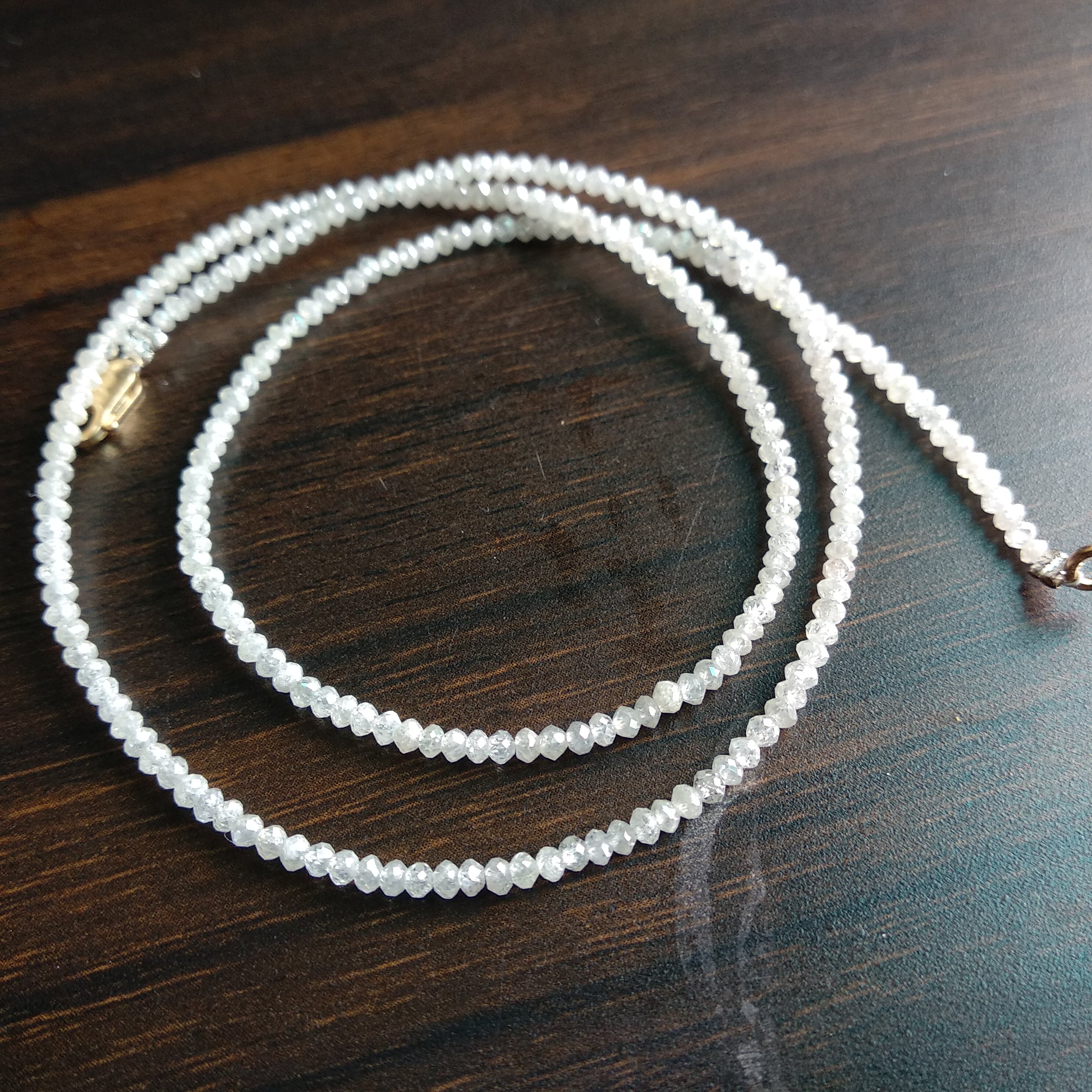 15 Carat Natural White Color Polished Round Loose Diamond Beads 16 Inch Strand Necklace wt Silver Clasp