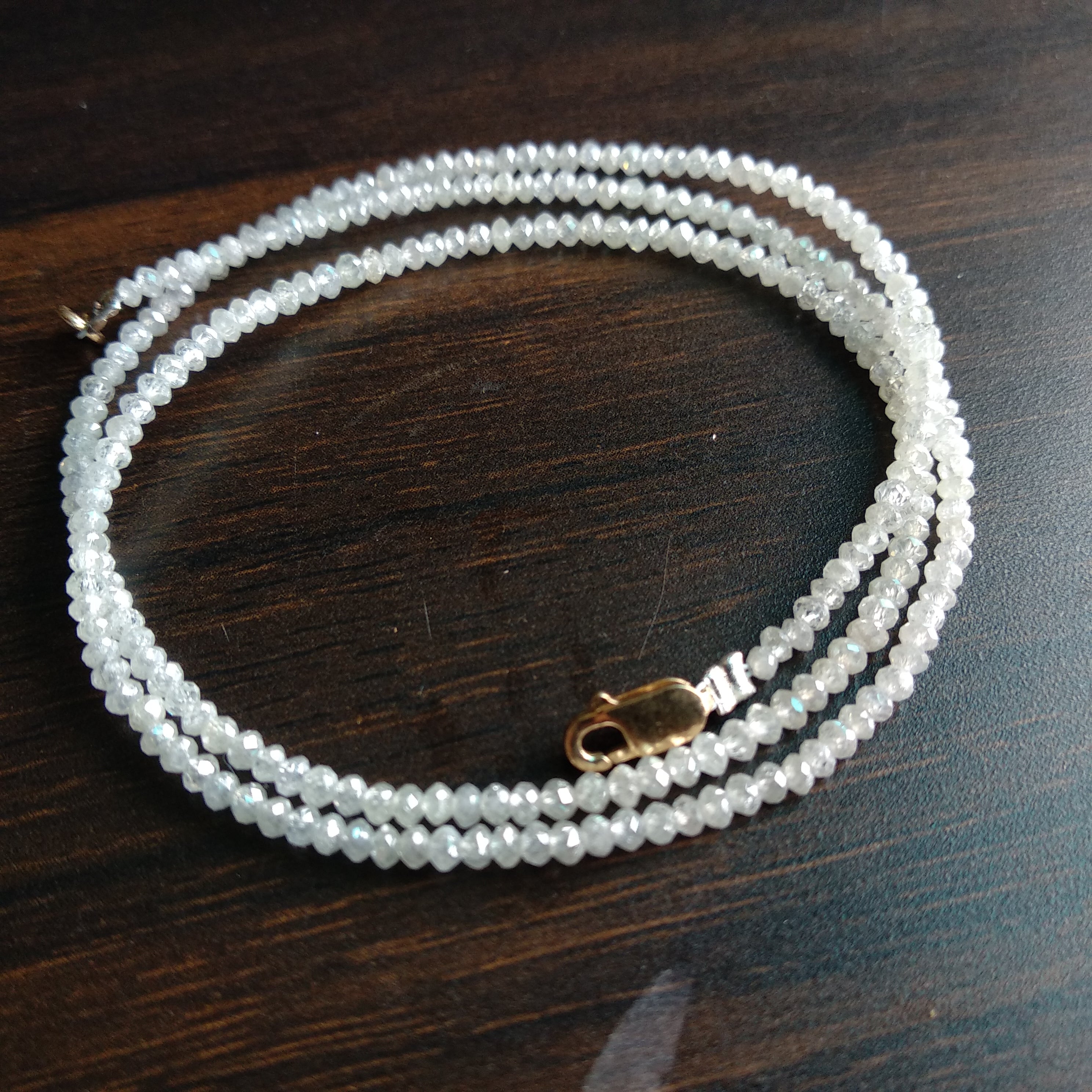 15 Carat Natural White Color Polished Round Loose Diamond Beads 16 Inch Strand Necklace wt Silver Clasp