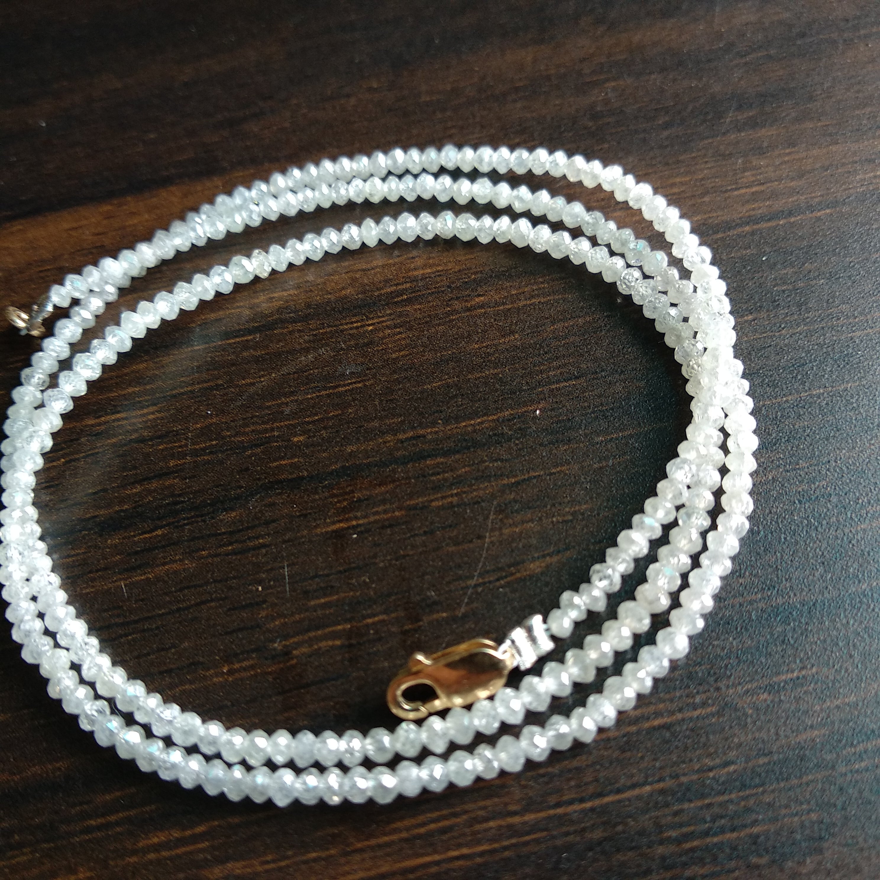 15 Carat Natural White Color Polished Round Loose Diamond Beads 16 Inch Strand Necklace wt Silver Clasp