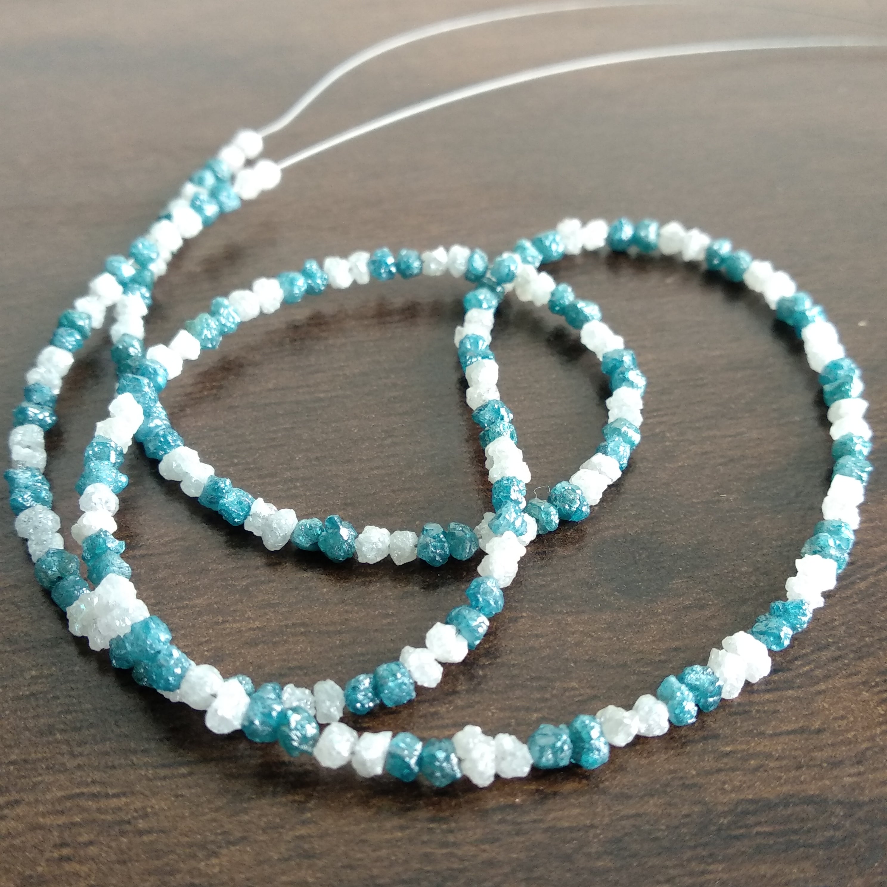 20 ct natural blue & white rough uncut loose diamond beads 16" strand chain wt silver clasp