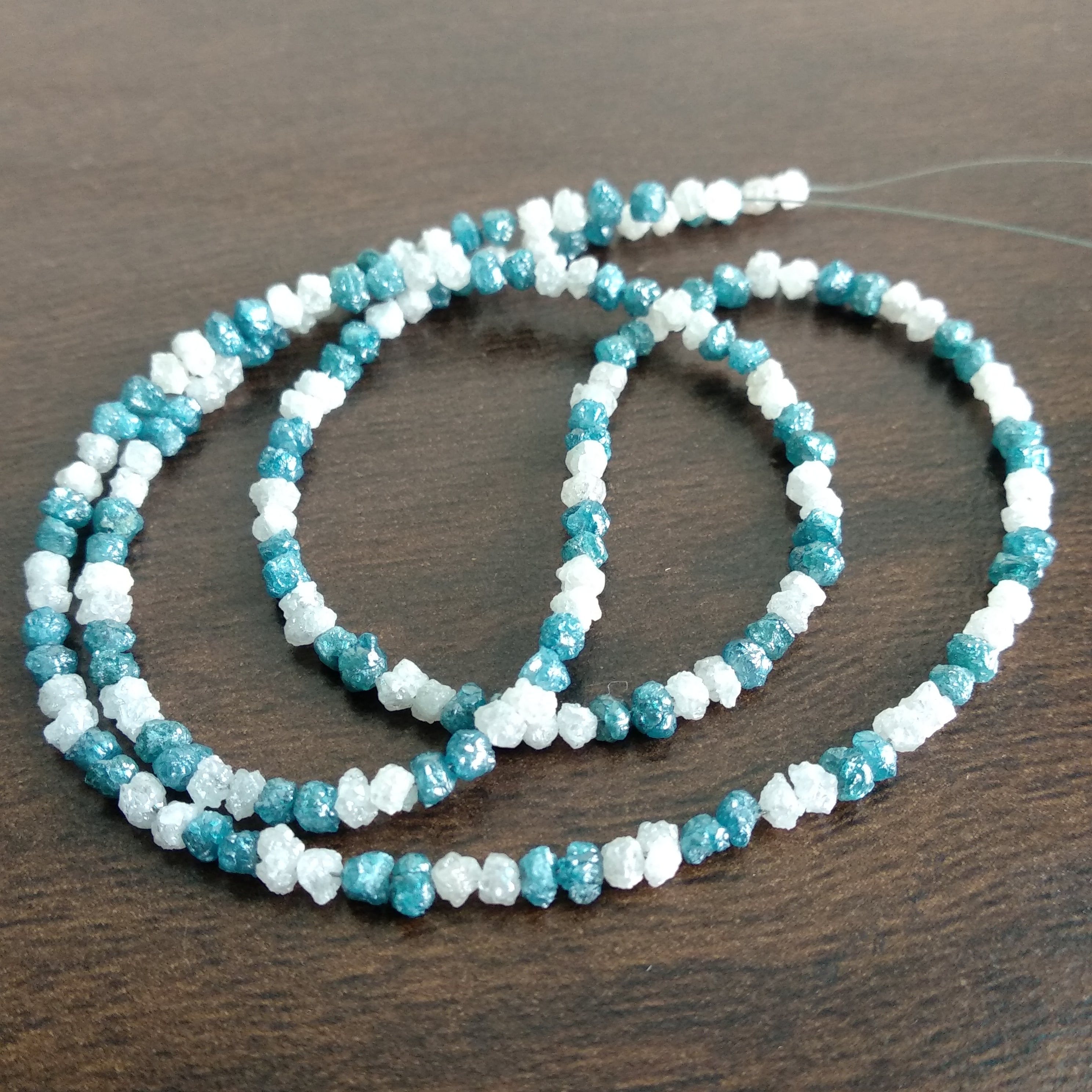 15 ct natural blue & white rough loose diamond beads 16" strand chain wt silver clasp