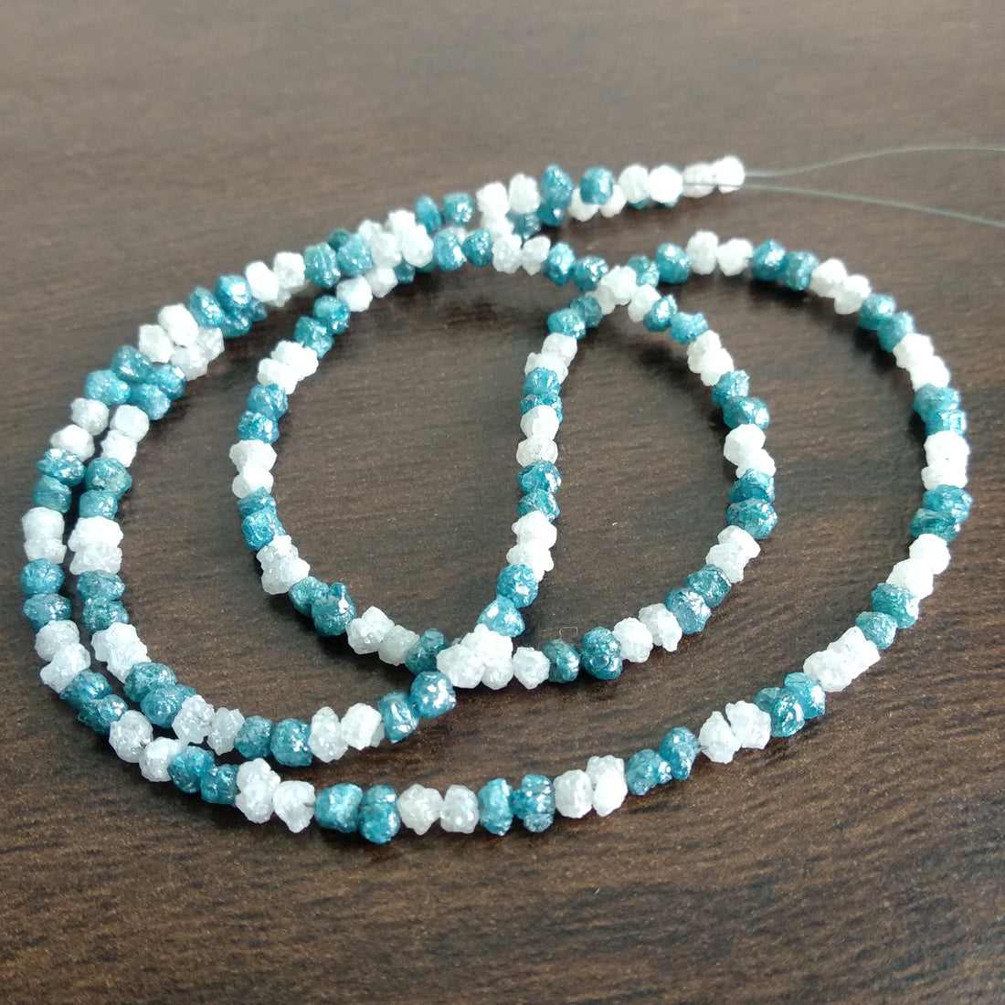 15 ct natural blue & white rough loose diamond beads 16" strand chain wt silver clasp