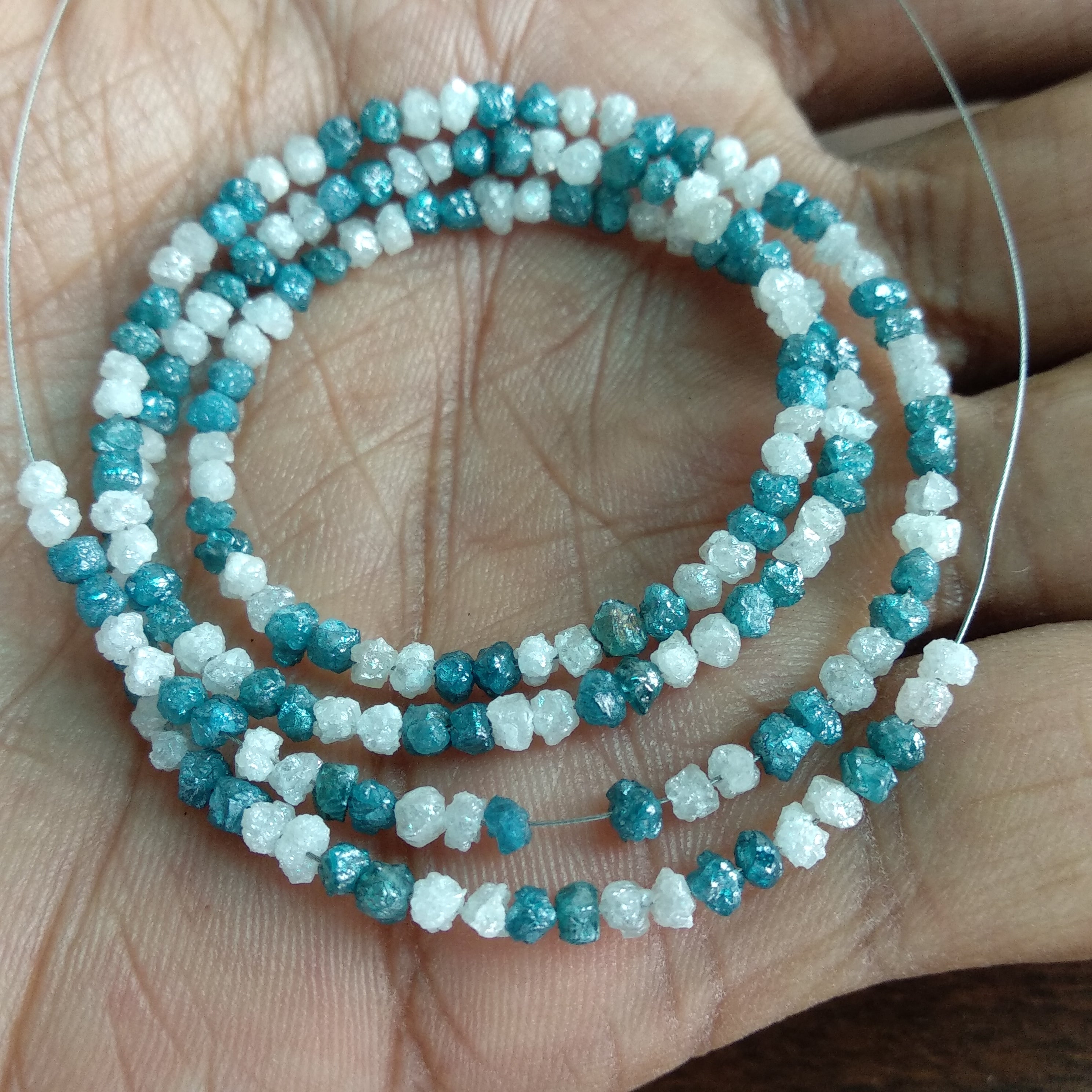20 ct natural blue & white rough uncut loose diamond beads 16" strand chain wt silver clasp