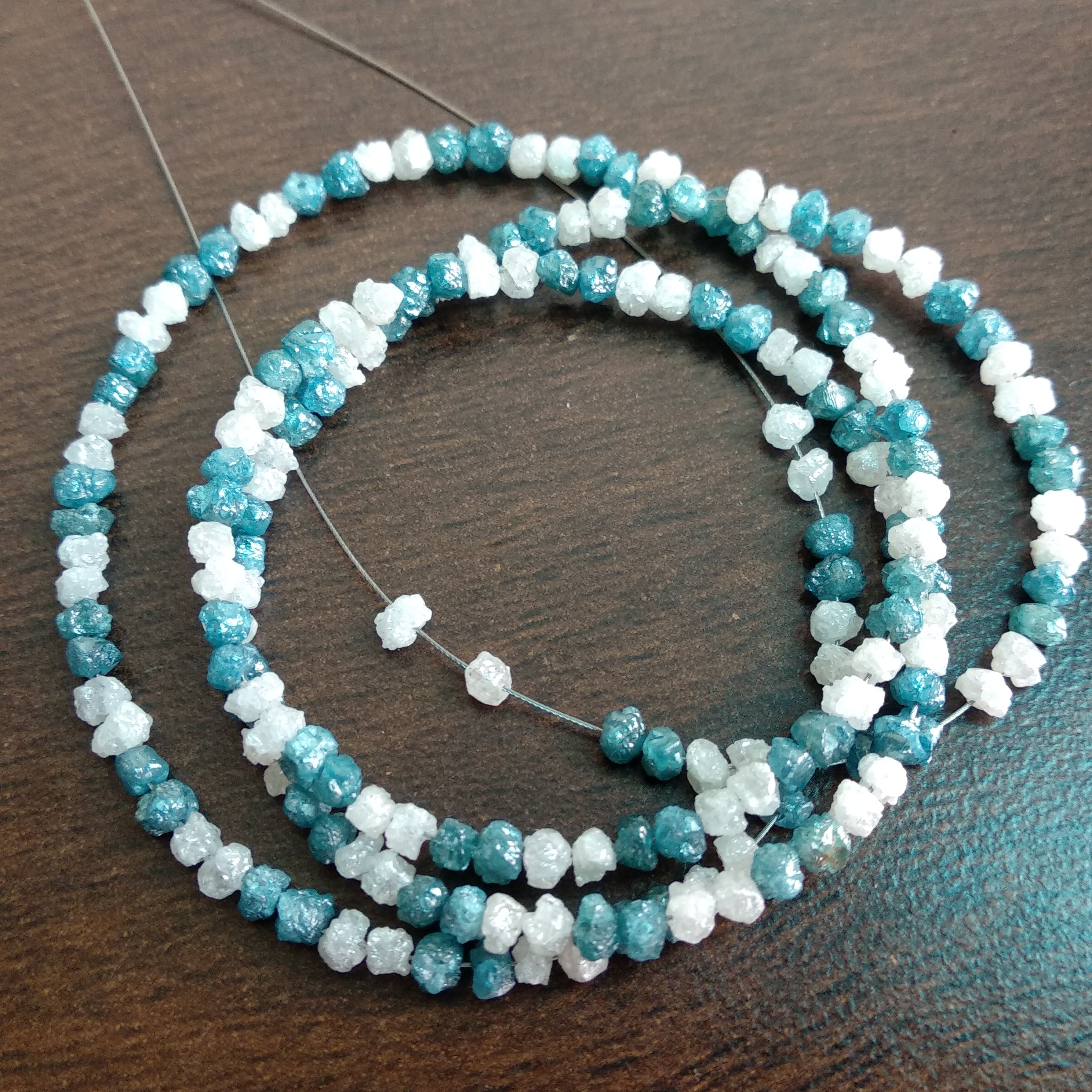 20 ct natural blue & white rough uncut loose diamond beads 16" strand chain wt silver clasp