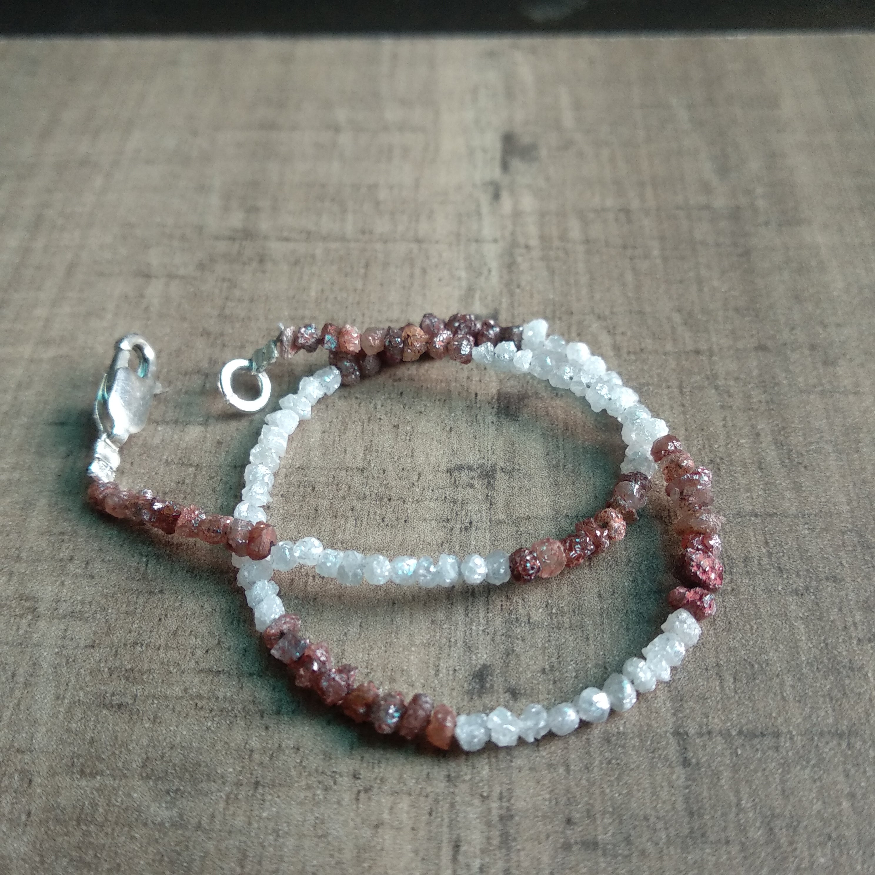 8.00 Carats White Red Color Rough Diamonds Beads 6.50" Bracelet wt Silver Clasp, Wholesale Loose Uncut Diamond