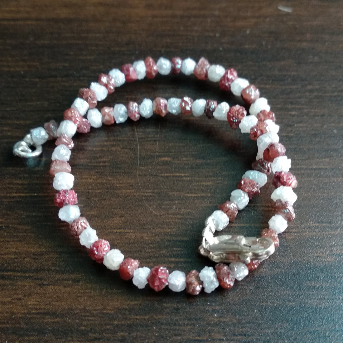 11+ ct Natural White & Red Color Rough Diamond Beads 6.50 Inch Bracelet / Strand wt Silver Clasp