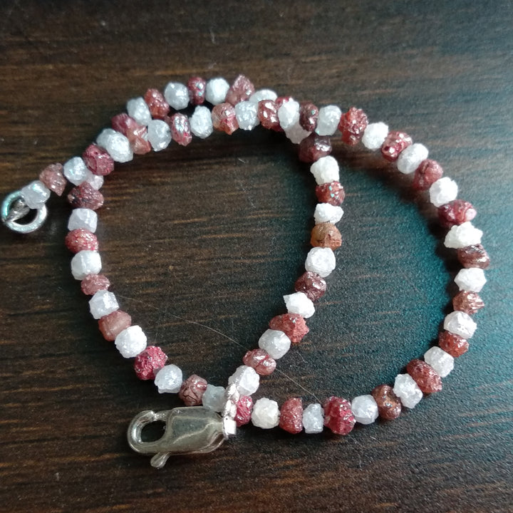 11+ ct Natural White & Red Color Rough Diamond Beads 6.50 Inch Bracelet / Strand wt Silver Clasp