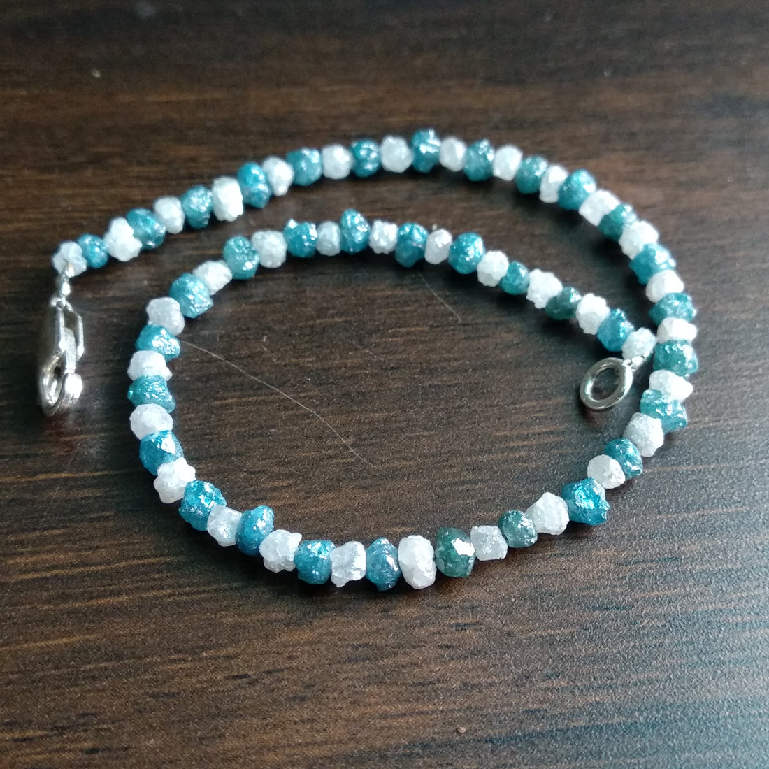 11+ Ct Natural Blue White Color Rough Diamond Beads 6.50 Inch Bracelet wt 925 Silver Clasp