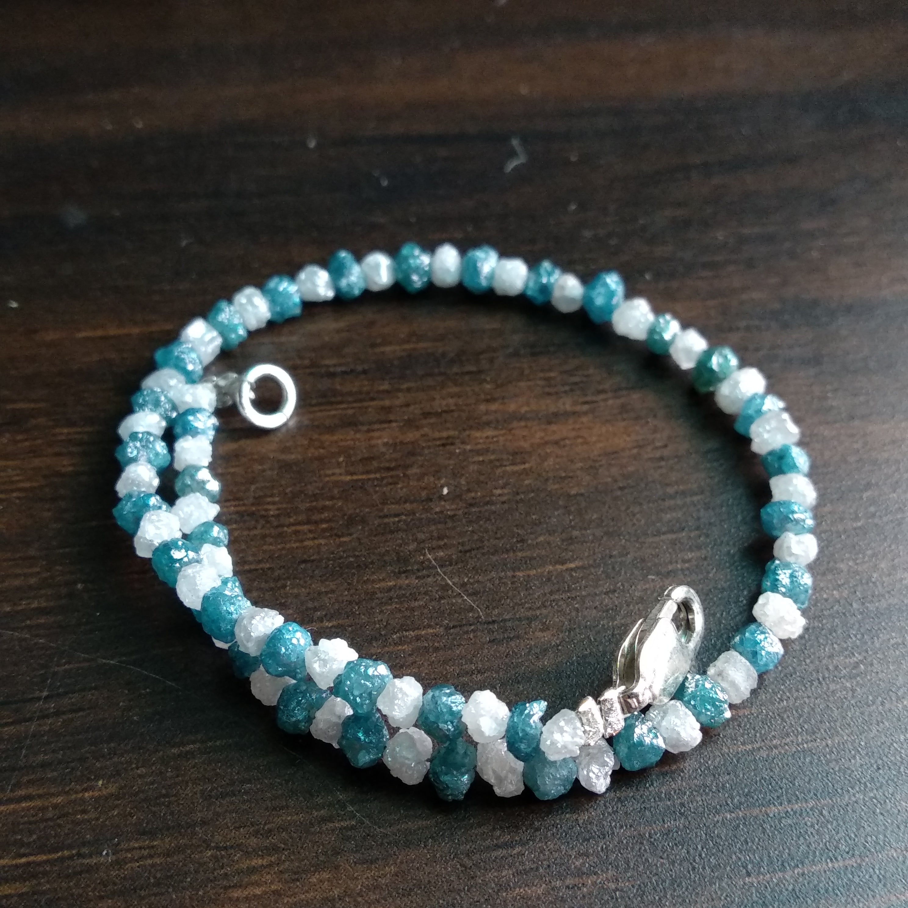 11+ Ct Natural Blue White Color Rough Diamond Beads 6.50 Inch Bracelet wt 925 Silver Clasp