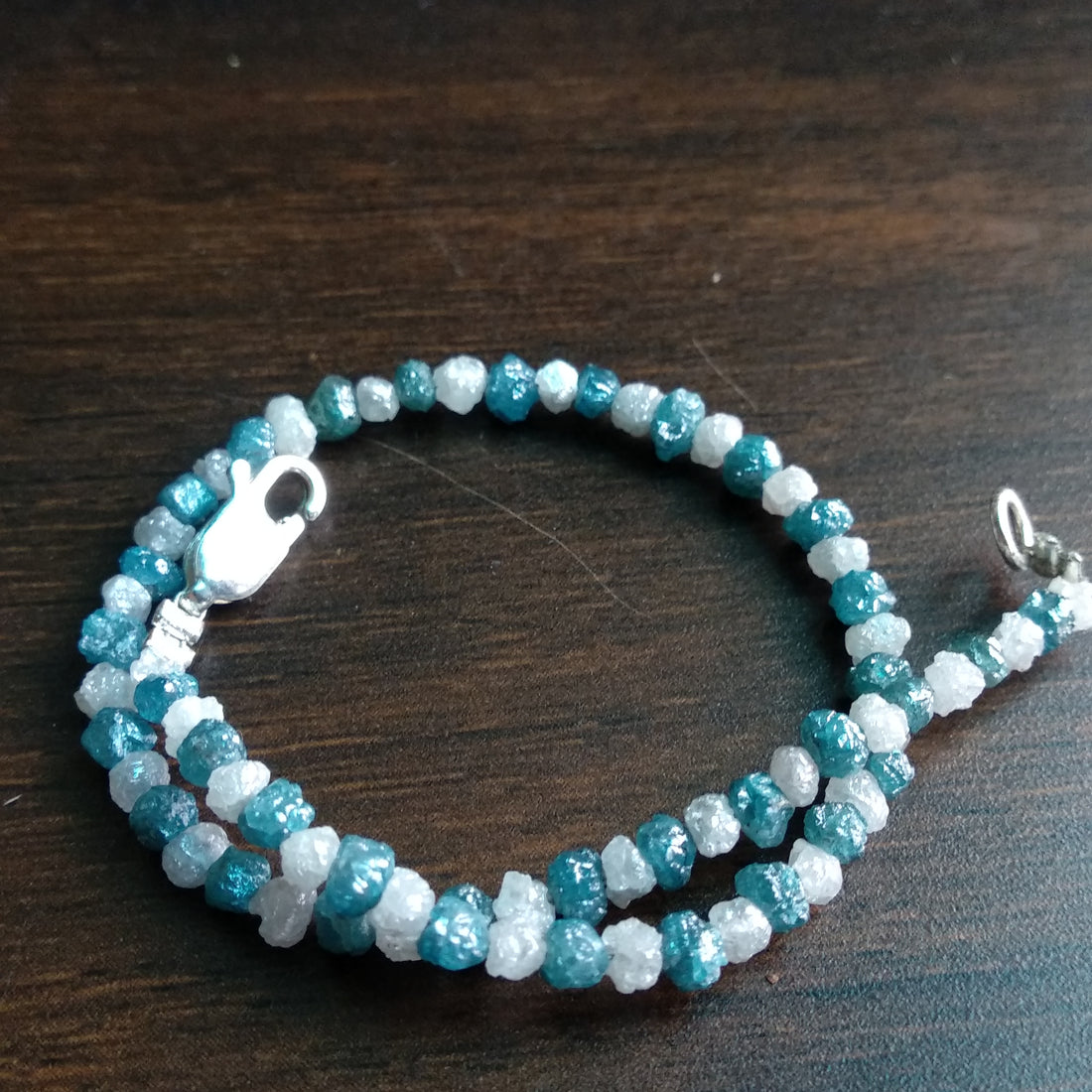 11+ Ct Natural Blue White Color Rough Diamond Beads 6.50 Inch Bracelet wt 925 Silver Clasp