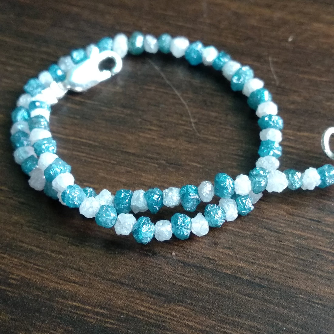 11+ Ct Natural Blue White Color Rough Diamond Beads 6.50 Inch Bracelet wt 925 Silver Clasp