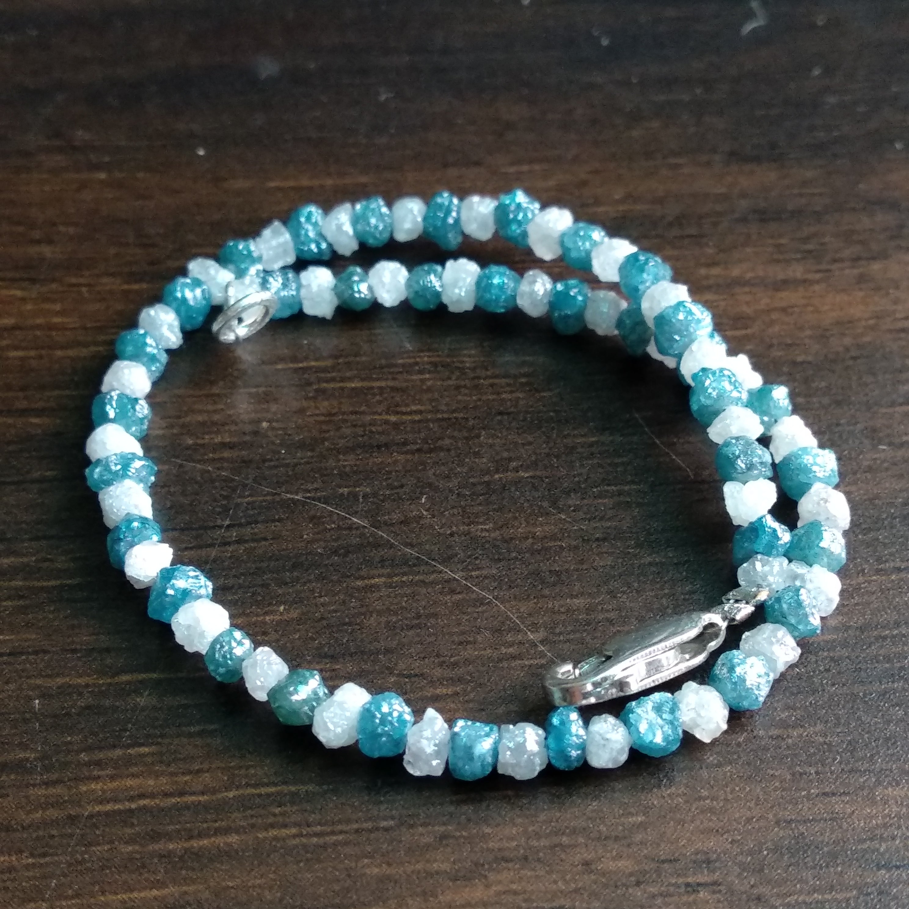 11+ Ct Natural Blue White Color Rough Diamond Beads 6.50 Inch Bracelet wt 925 Silver Clasp