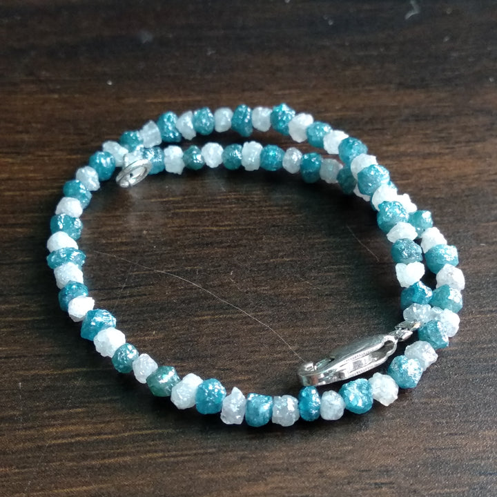 11+ Ct Natural Blue White Color Rough Diamond Beads 6.50 Inch Bracelet wt 925 Silver Clasp