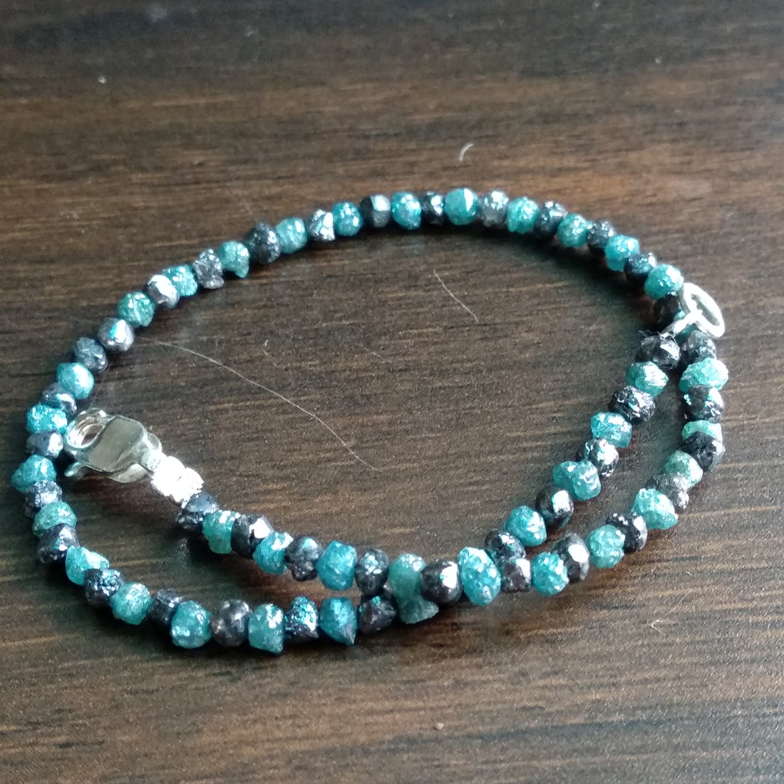 11 Ct Natural Black & Blue Color Rough Diamond Beads 6.50" Bracelet wt 925 Silver Clasp
