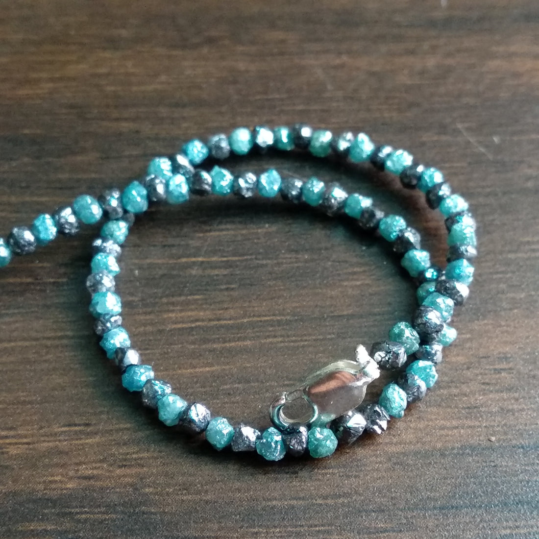 11 Ct Natural Black & Blue Color Rough Diamond Beads 6.50" Bracelet wt 925 Silver Clasp