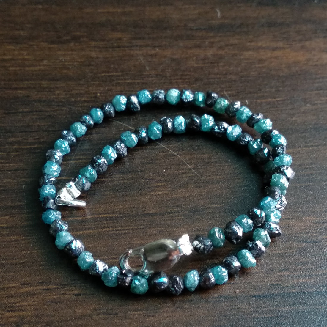11 Ct Natural Black & Blue Color Rough Diamond Beads 6.50" Bracelet wt 925 Silver Clasp