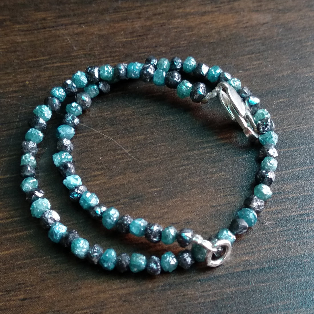 11 Ct Natural Black & Blue Color Rough Diamond Beads 6.50" Bracelet wt 925 Silver Clasp
