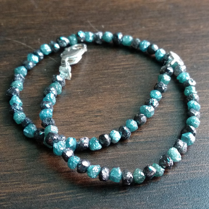 11 Ct Natural Black & Blue Color Rough Diamond Beads 6.50" Bracelet wt 925 Silver Clasp