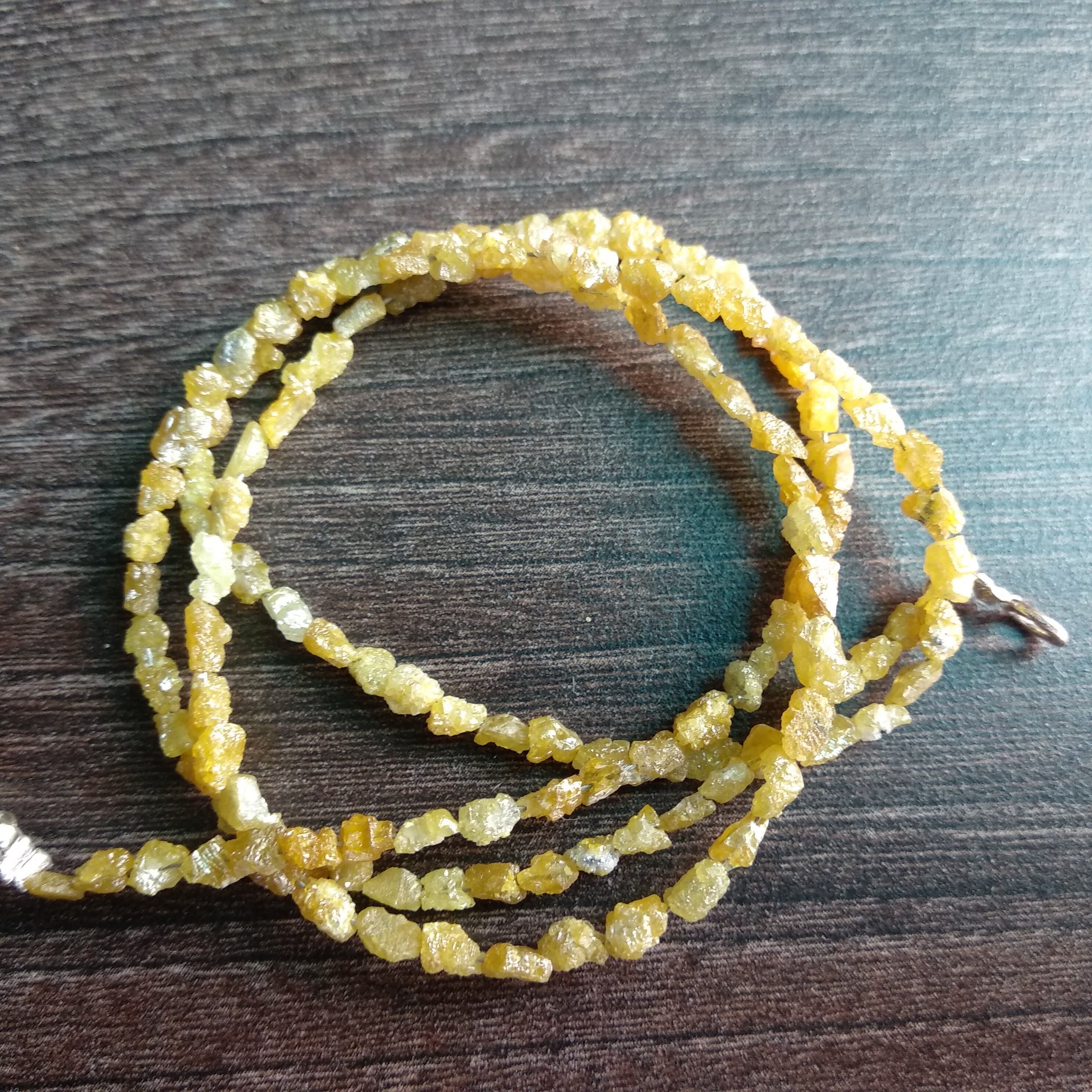 Natural Yellow Color Long Drilled Rough Diamonds, 20.00 Carat Long Drilled Loose Raw Uncut Diamonds Beads 16" Strand Necklace