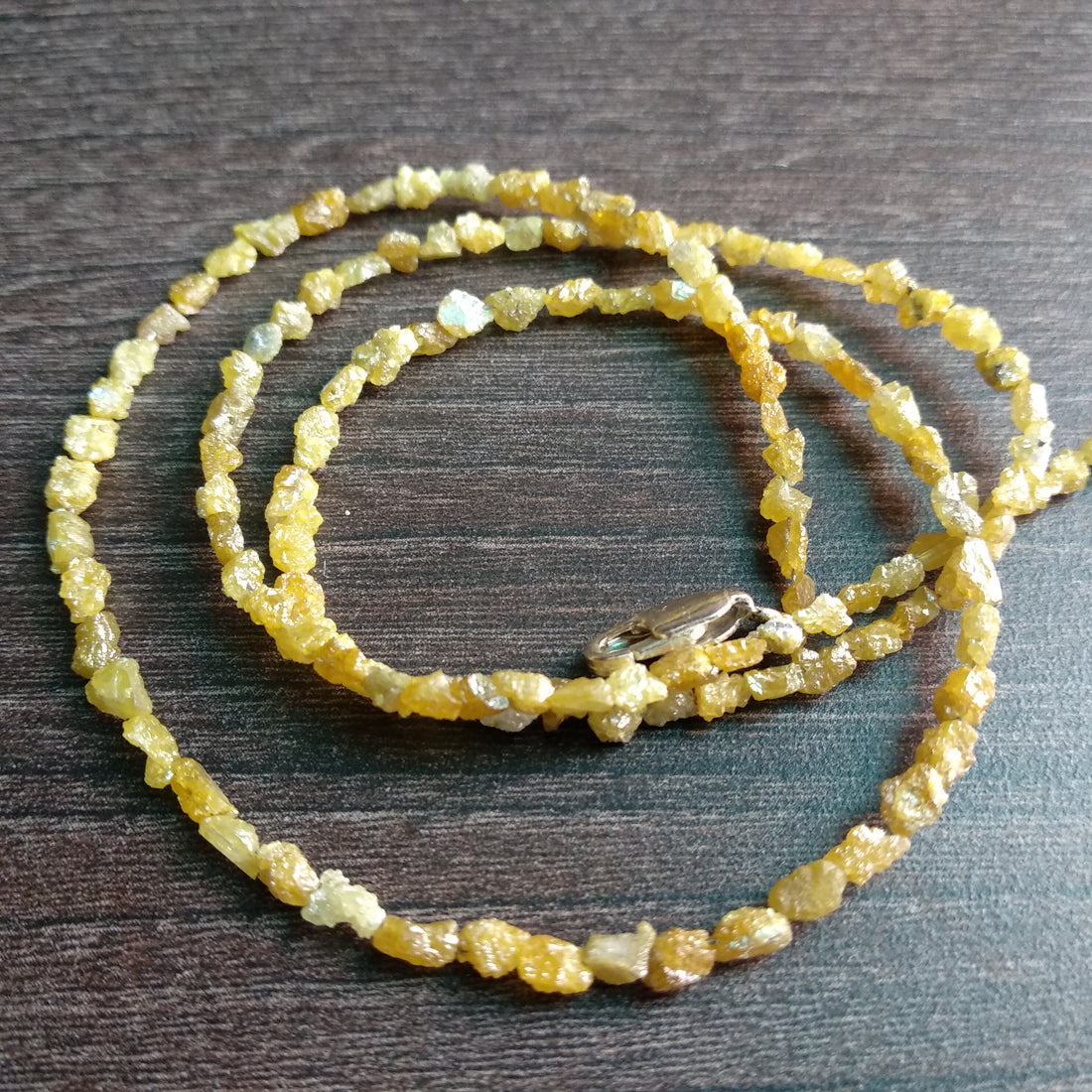 Natural Yellow Color Long Drilled Rough Diamonds, 20.00 Carat Long Drilled Loose Raw Uncut Diamonds Beads 16" Strand Necklace