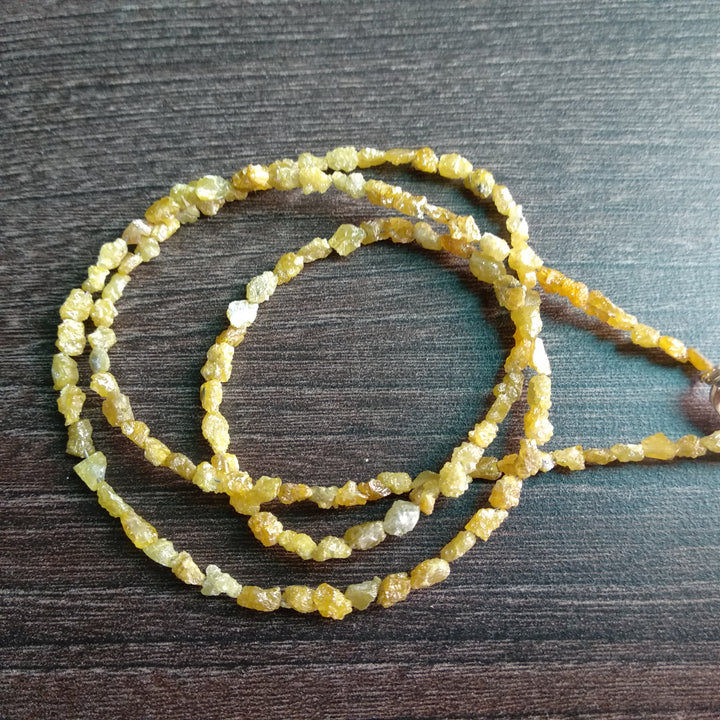 Natural Yellow Color Long Drilled Rough Diamonds, 20.00 Carat Long Drilled Loose Raw Uncut Diamonds Beads 16" Strand Necklace