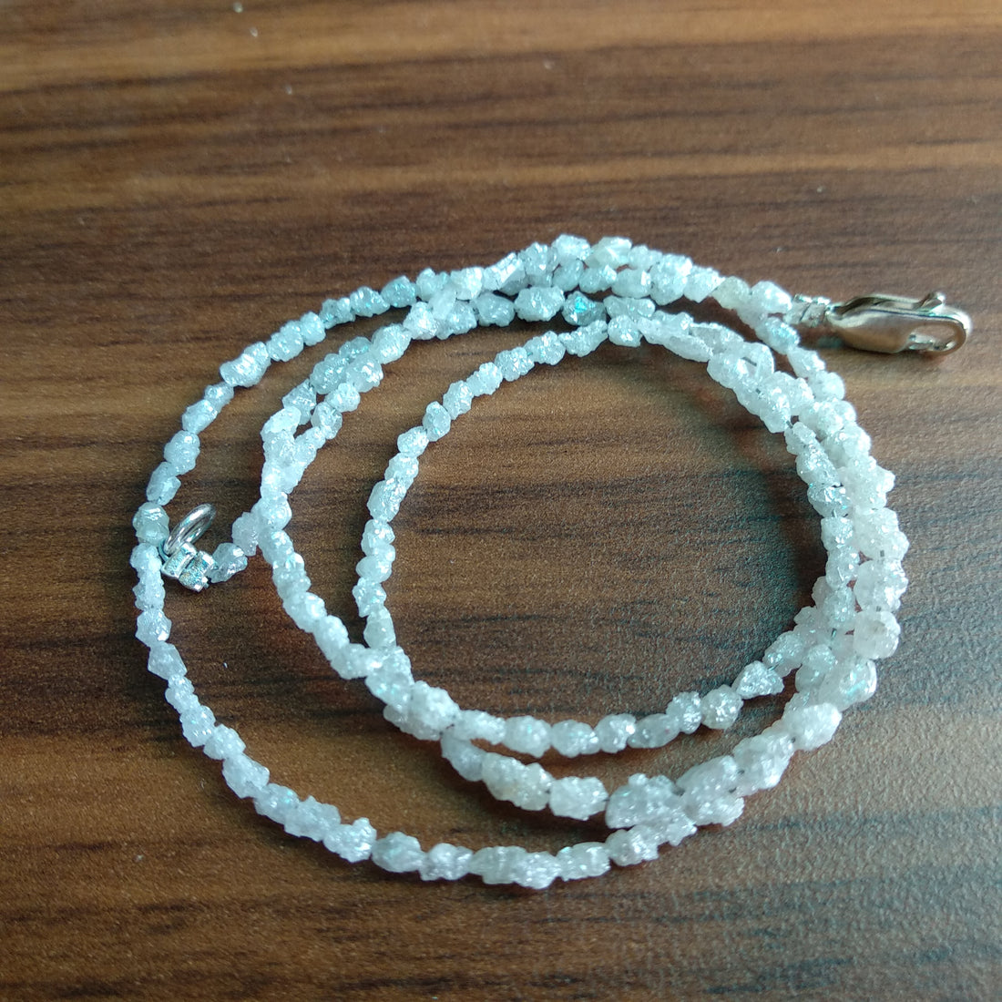 15 Carat Natural White Raw Uncut Rough Loose Diamond Beads 16 Inch Strand Chain Necklace wt 925 Silver Clasp