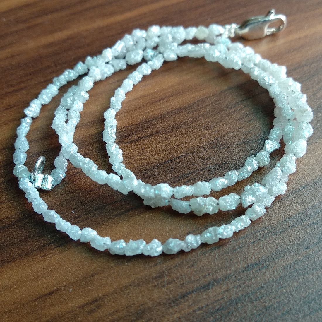 15 Carat Natural White Raw Uncut Rough Loose Diamond Beads 16 Inch Strand Chain Necklace wt 925 Silver Clasp
