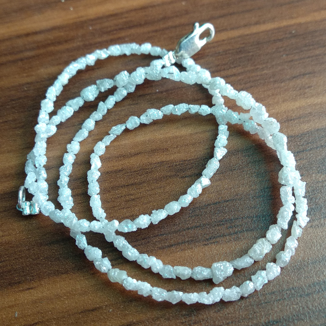 15 Carat Natural White Raw Uncut Rough Loose Diamond Beads 16 Inch Strand Chain Necklace wt 925 Silver Clasp