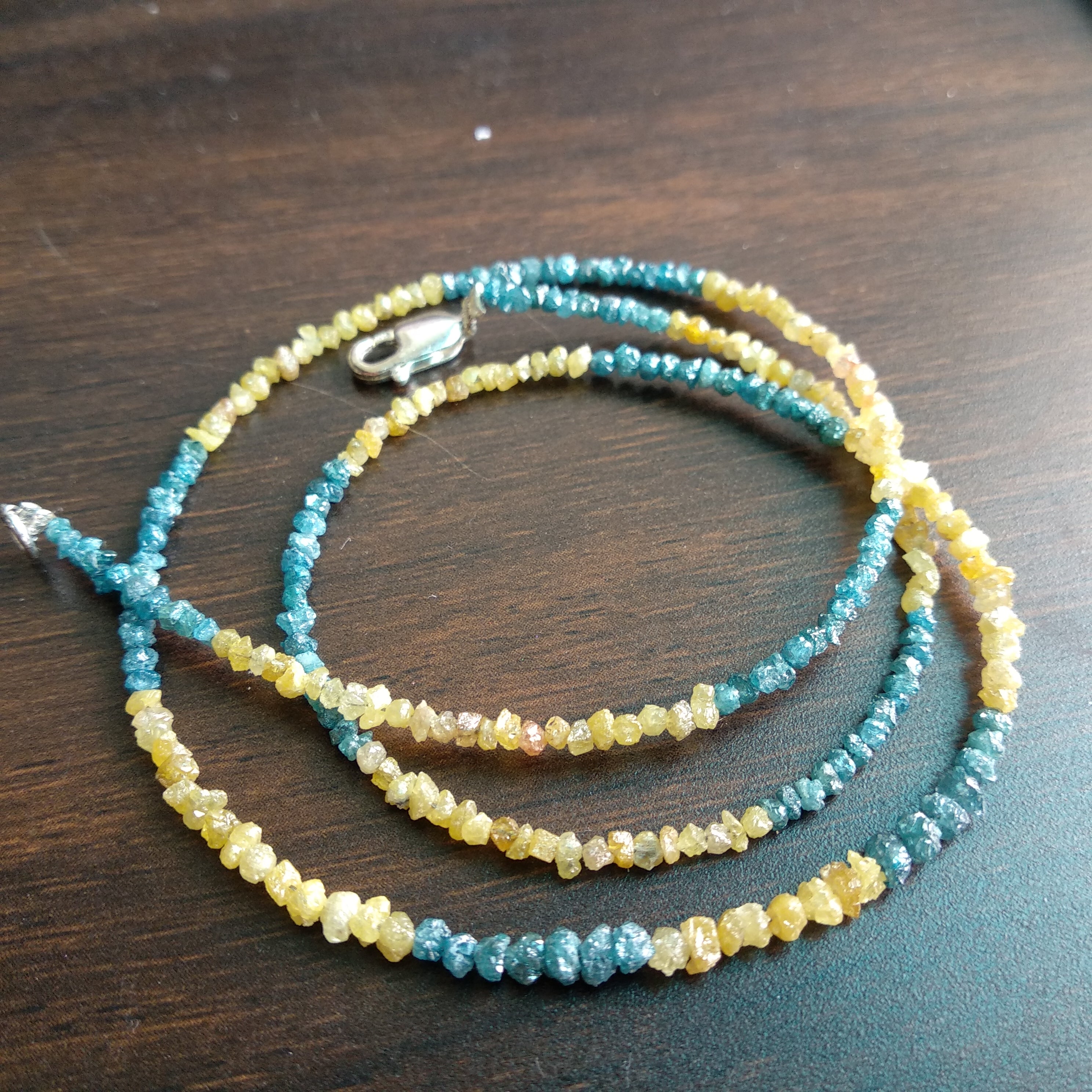15.00 Ct Natural Blue Yellow Raw Rough Loose Diamonds Beads 16" Strand Necklace wt Silver Clasp