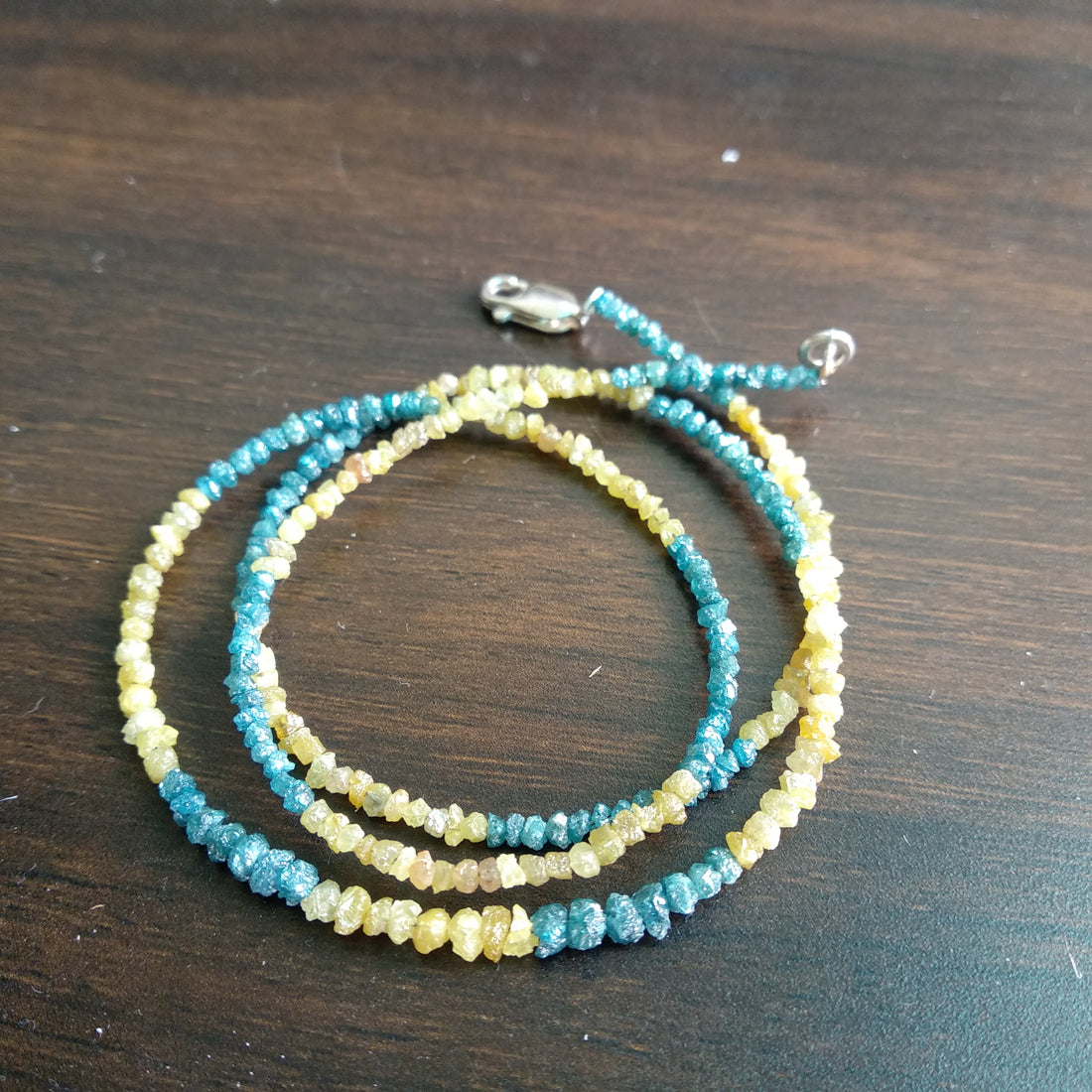 15.00 Ct Natural Blue Yellow Raw Rough Loose Diamonds Beads 16" Strand Necklace wt Silver Clasp