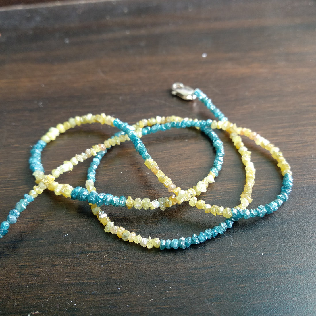 15.00 Ct Natural Blue Yellow Raw Rough Loose Diamonds Beads 16" Strand Necklace wt Silver Clasp