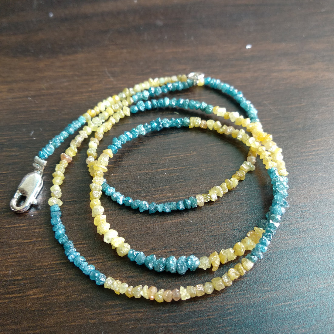 15.00 Ct Natural Blue Yellow Raw Rough Loose Diamonds Beads 16" Strand Necklace wt Silver Clasp