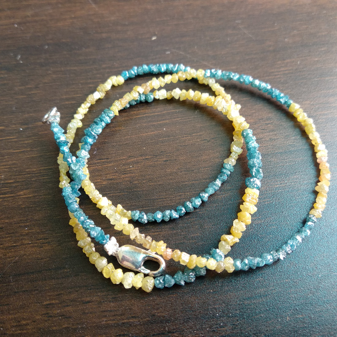 15.00 Ct Natural Blue Yellow Raw Rough Loose Diamonds Beads 16" Strand Necklace wt Silver Clasp