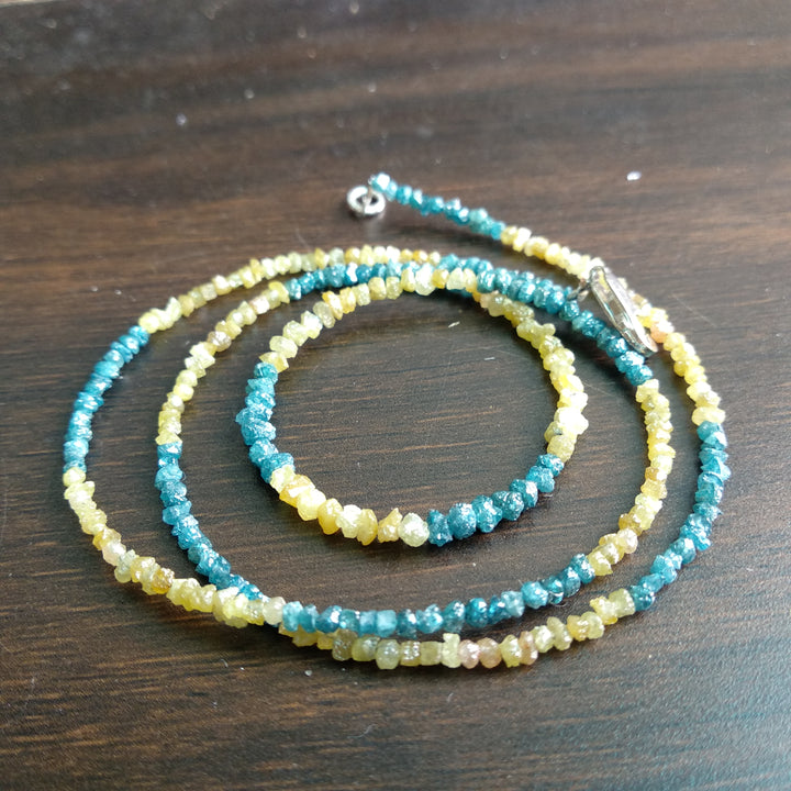 15.00 Ct Natural Blue Yellow Raw Rough Loose Diamonds Beads 16" Strand Necklace wt Silver Clasp