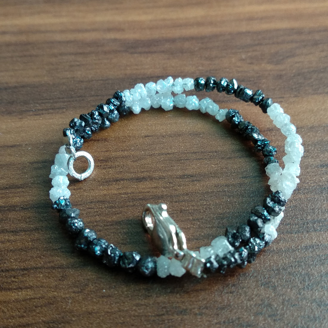 8.00 Ct Natural White Black Raw Rough Loose Diamonds Beads 6.50" Bracelet wt Silver Clasp