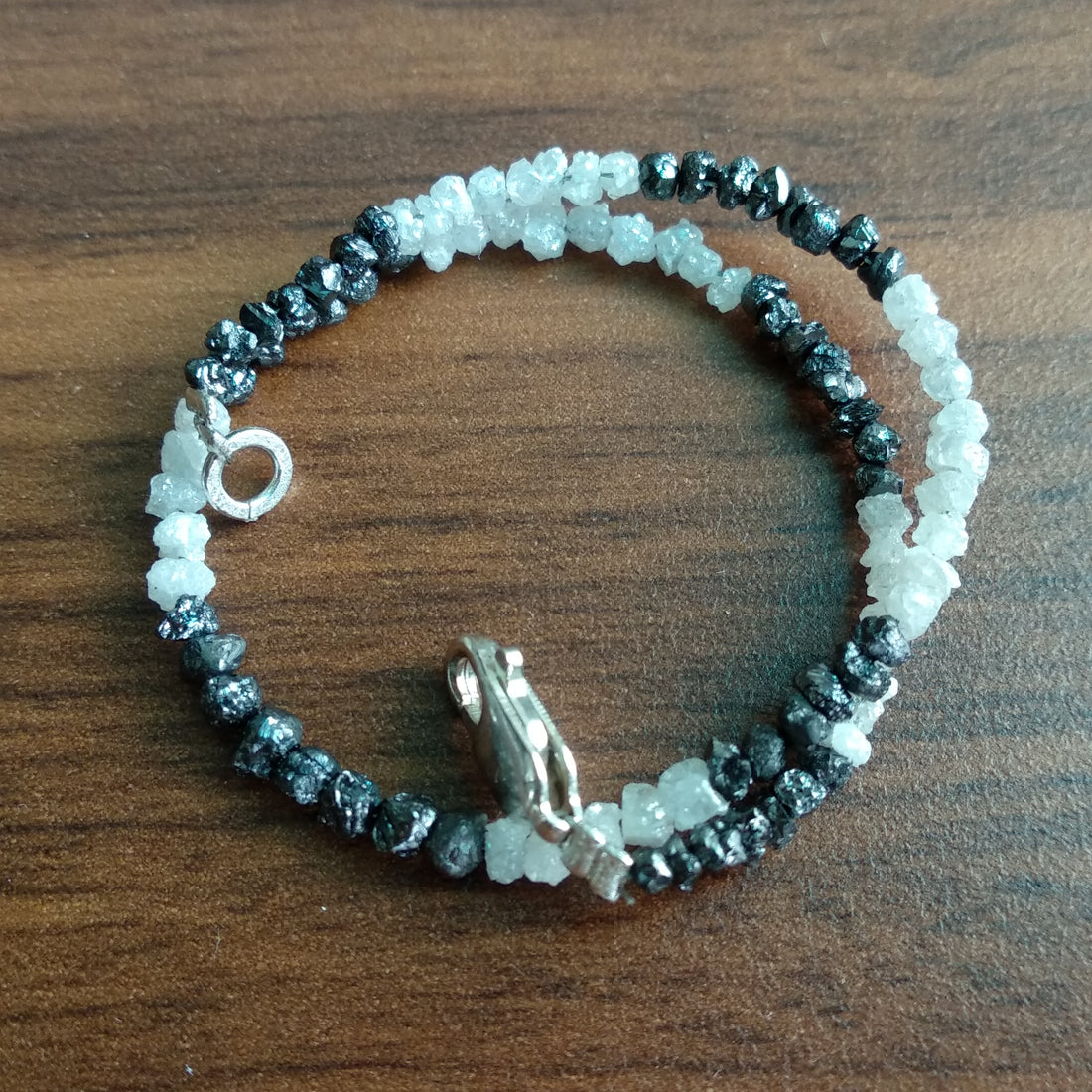 8.00 Ct Natural White Black Raw Rough Loose Diamonds Beads 6.50" Bracelet wt Silver Clasp
