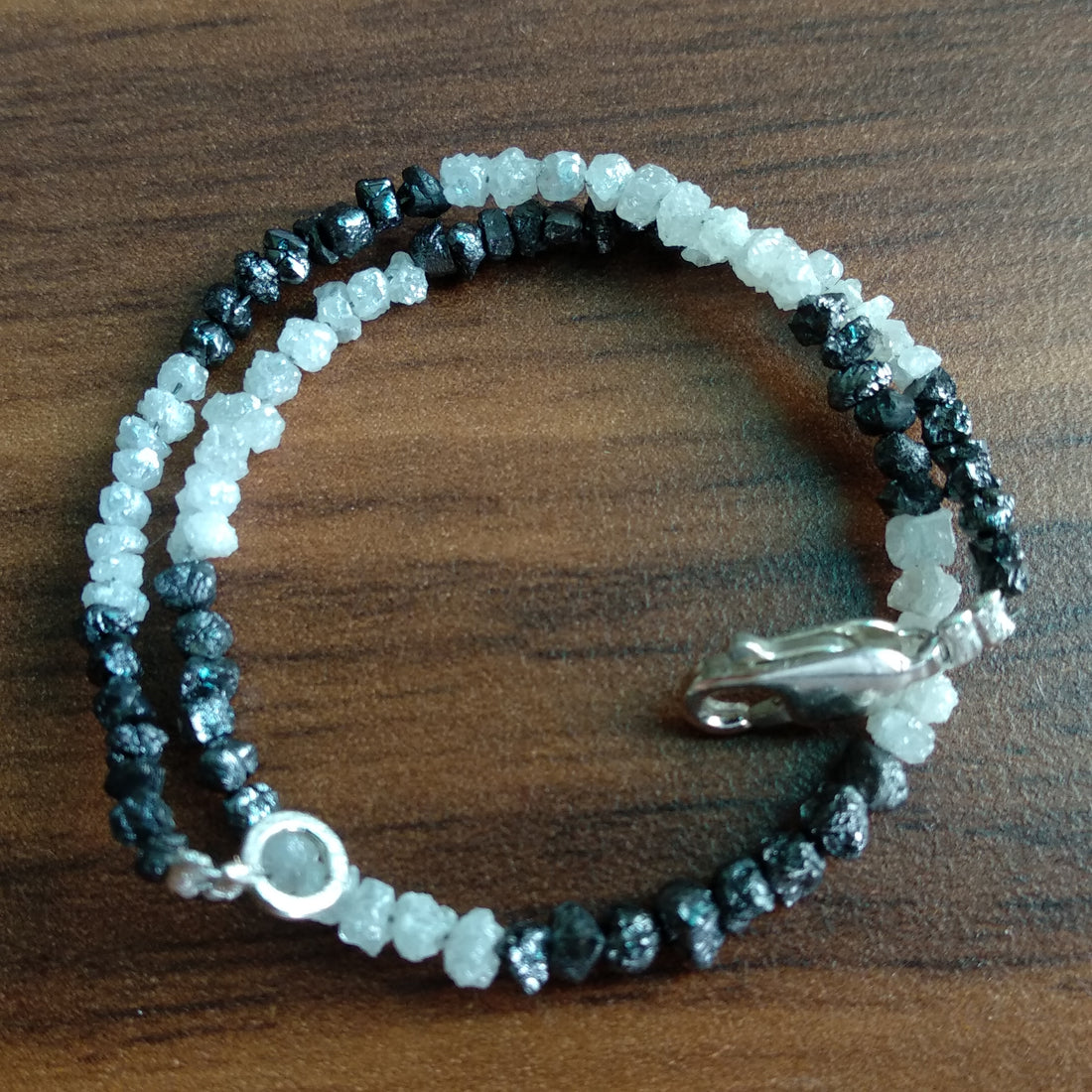 8.00 Ct Natural White Black Raw Rough Loose Diamonds Beads 6.50" Bracelet wt Silver Clasp