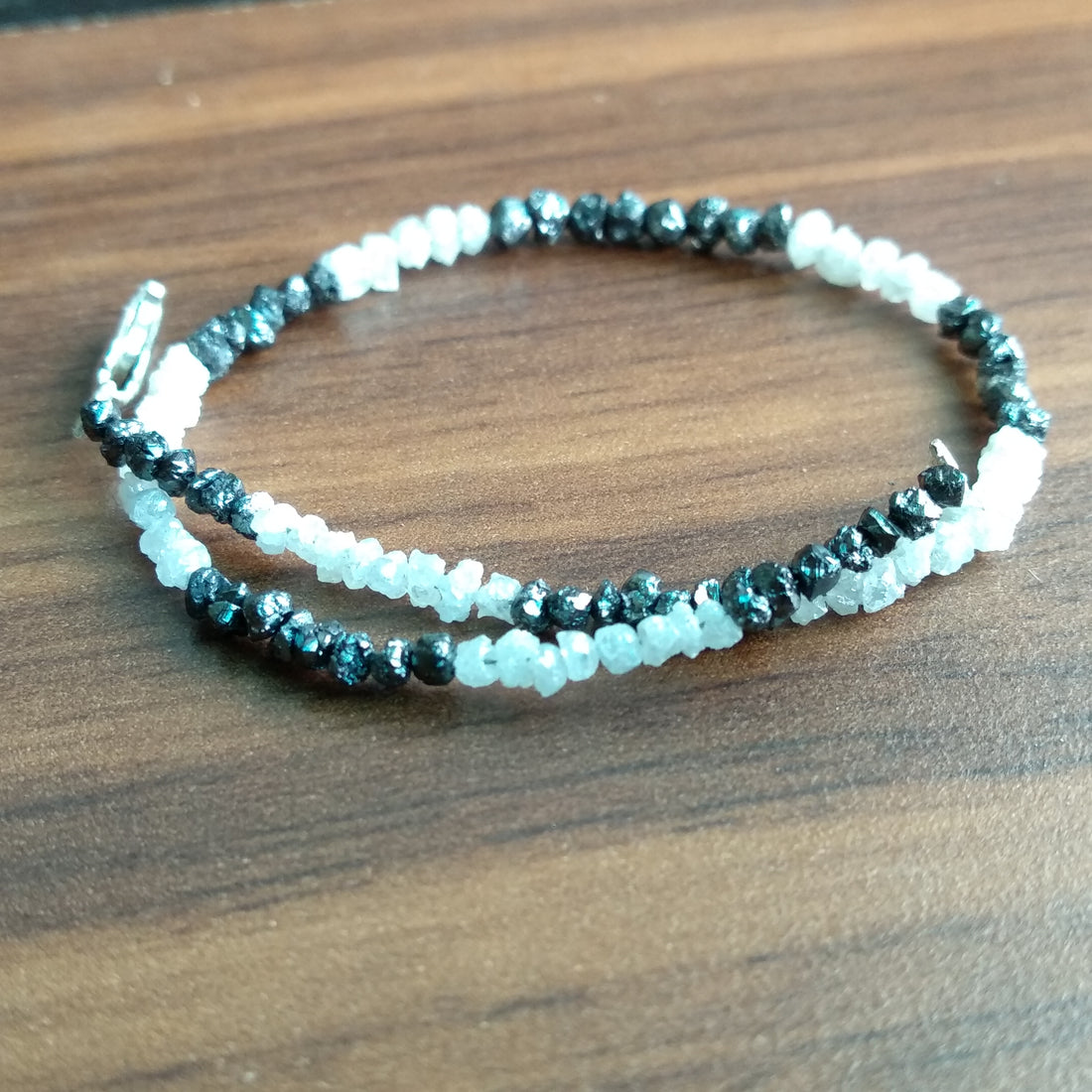 8.00 Ct Natural White Black Raw Rough Loose Diamonds Beads 6.50" Bracelet wt Silver Clasp